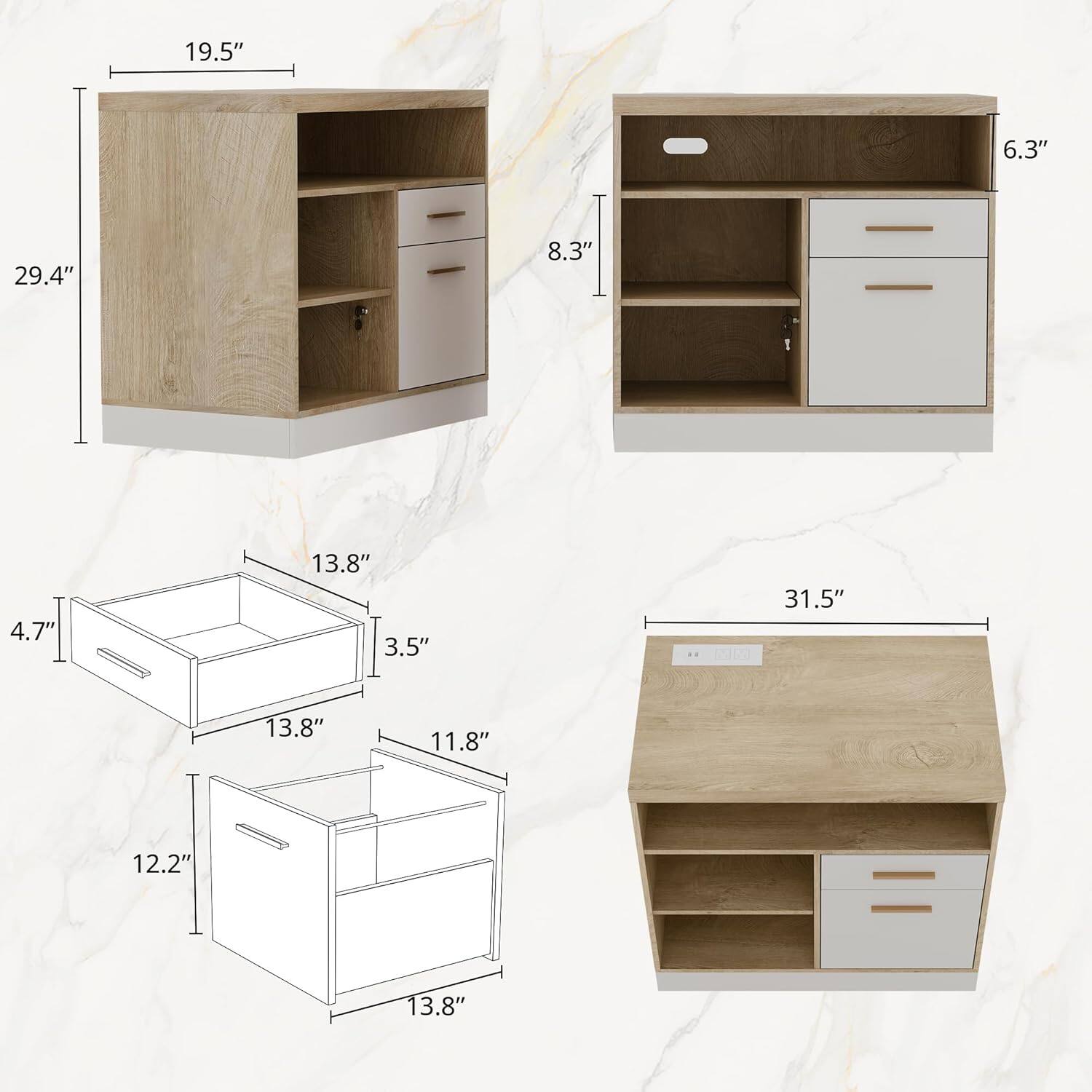 - Height: 29.4"
- Width: 19.5"
- Depth: 8.3"
- Shelf Height: 6.3"
- Drawer Height: 3.5"
- Drawer Width: 13.8"
- Drawer Depth: 11.8"
- Drawer Height: 12.2"
- Drawer Width: 13.8"
- Overall Width: 31.5"