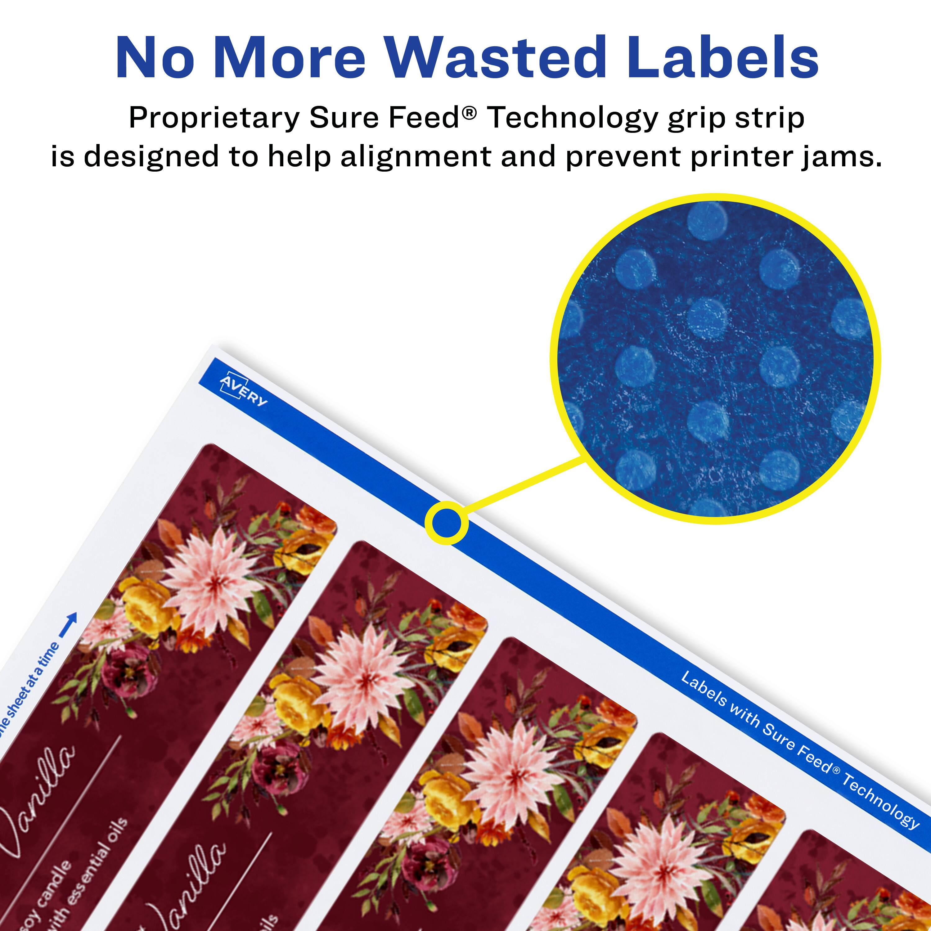 No More Wasted Labels  
Proprietary Sure Feed® Technology grip strip is designed to help alignment and prevent printer jams.  

AVERY  
Labels with Sure Feed® Technology