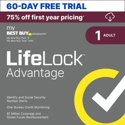 60-Day Free Trial 75% off first year pricing* My Best Buy Memberships 1 Adult My Best Buy Plus & My Best Buy Total Rewards LifeLock Advantage Identity and Social Security Number Alerts One-Bureau Credit Monitoring $1 Million Coverage and Stolen Funds Reimbursement