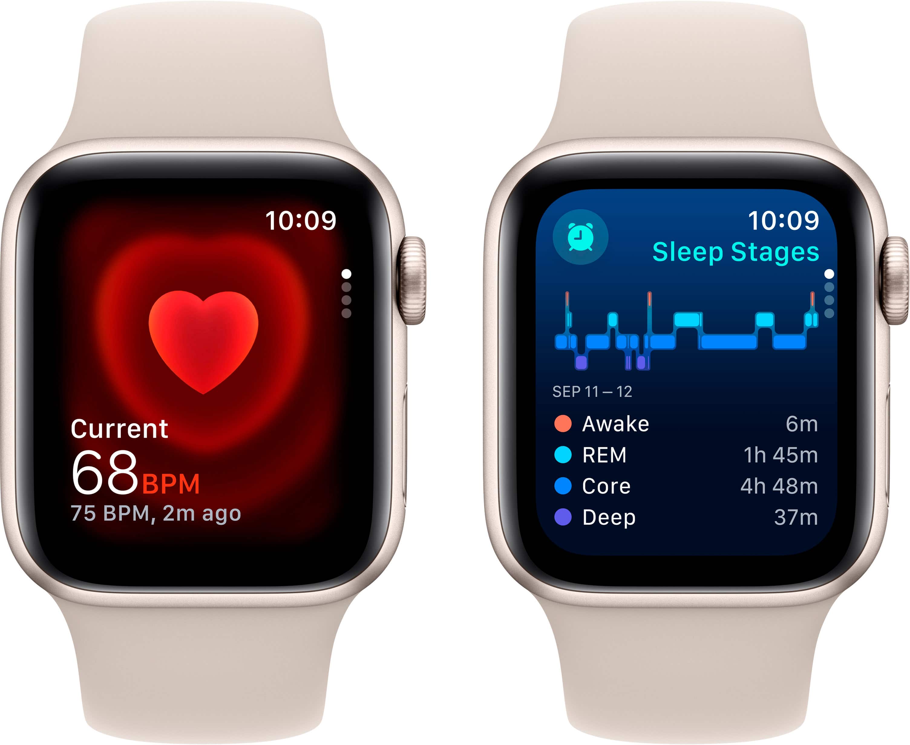 10:09  
Current  
68 BPM  
75 BPM, 2m ago  

Sleep Stages  
SEP 11 - 12  
Awake 6m  
REM 1h 45m  
Core 4h 48m  
Deep 37m
