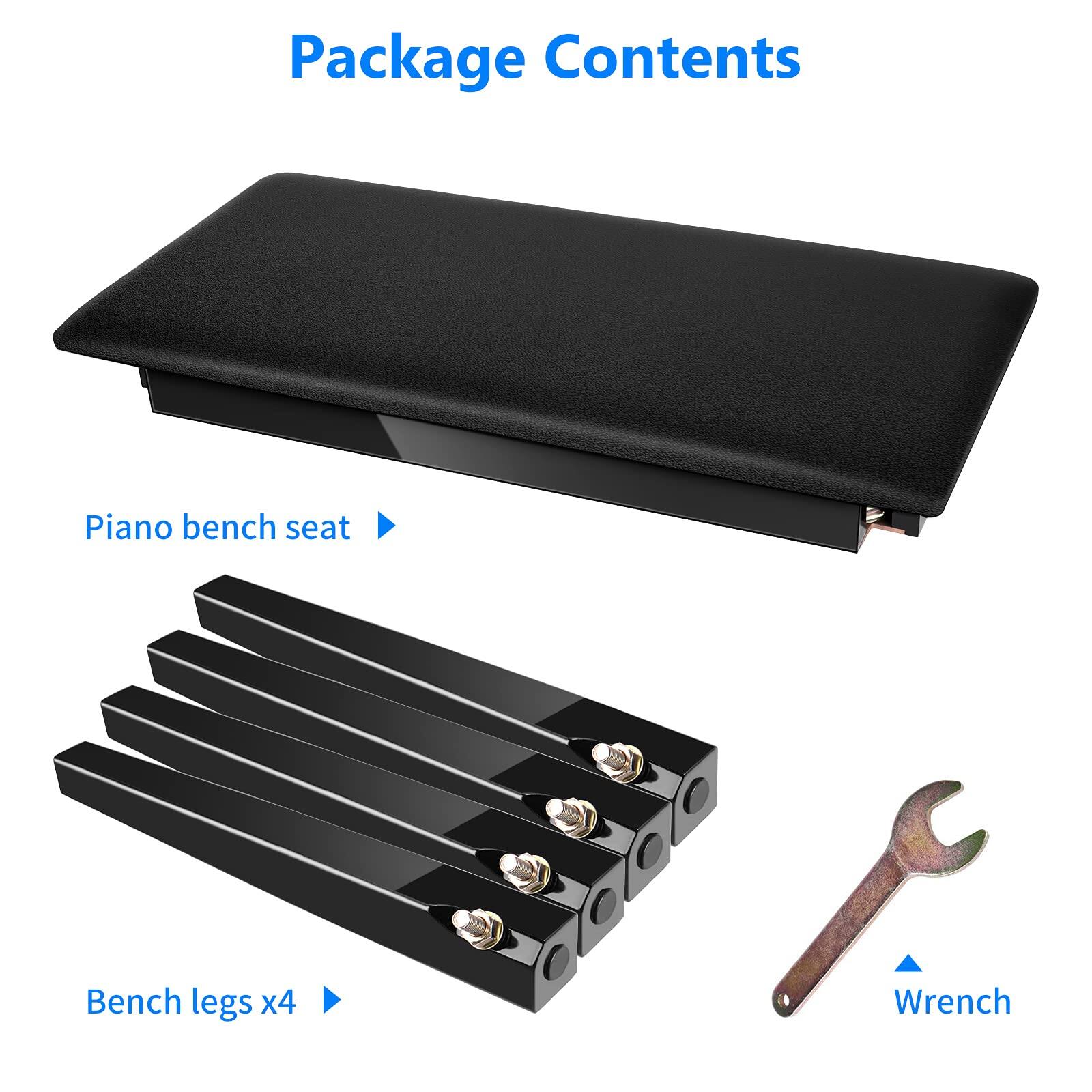 Package Contents

- Piano bench seat
- Bench legs x4
- Wrench