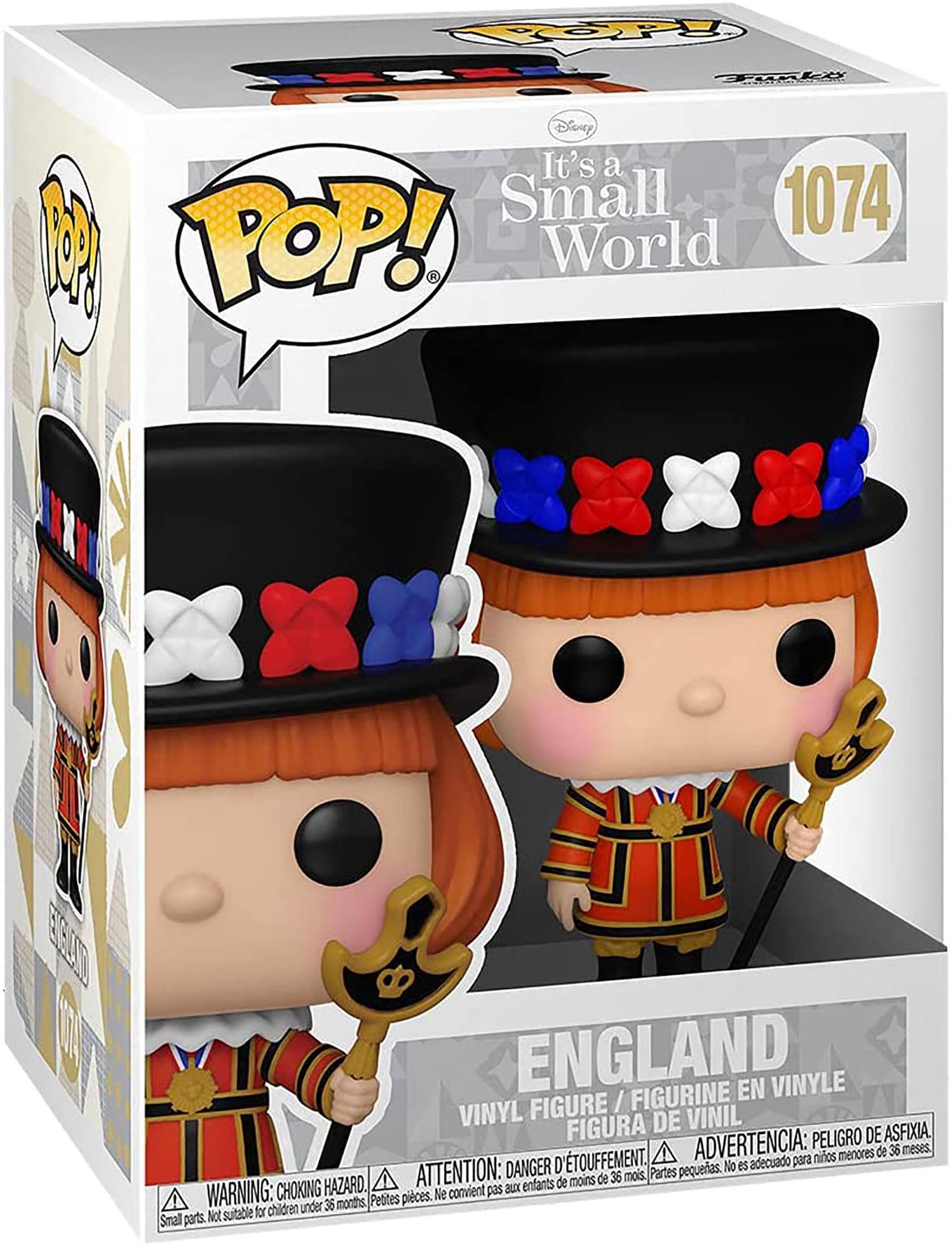 Sure, here is the corrected and grouped text from the image:

---

**Disney It's a Small World**

**POP!**

**1074**

**ENGLAND**

**VINYL FIGURE / FIGURINE EN VINYLE / FIGURA DE VINIL**

**WARNING: CHOKING HAZARD. Small parts. Not suitable for children under 36 months.**

**ATTENTION: DANGER DE SOUFFLETMENT. Petites pièces. Ne convient pas aux enfants de moins de 36 mois.**

**ADVERTENCIA: PELIGRO DE ASFIXIA. Partes pequeñas. No es adecuado para niños menores de 36 meses.**

---

This text is grouped and corrected for clarity and accuracy.