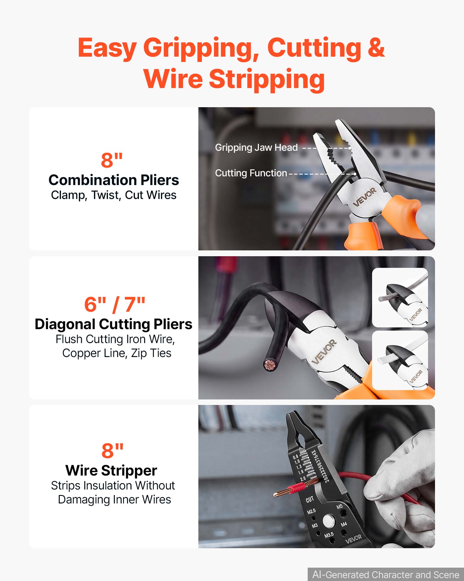 Easy Gripping, Cutting & Wire Stripping

8" Combination Pliers
Clamp, Twist, Cut Wires

6" / 7" Diagonal Cutting Pliers
Flush Cutting Iron Wire, Copper Line, Zip Ties

8" Wire Stripper
Strips Insulation Without Damaging Inner Wires

VEVOR

202222983764X 20 CUT M5 M2.5 M3 M4 M3.5 VEVOR

AI-Generated Character and Scene