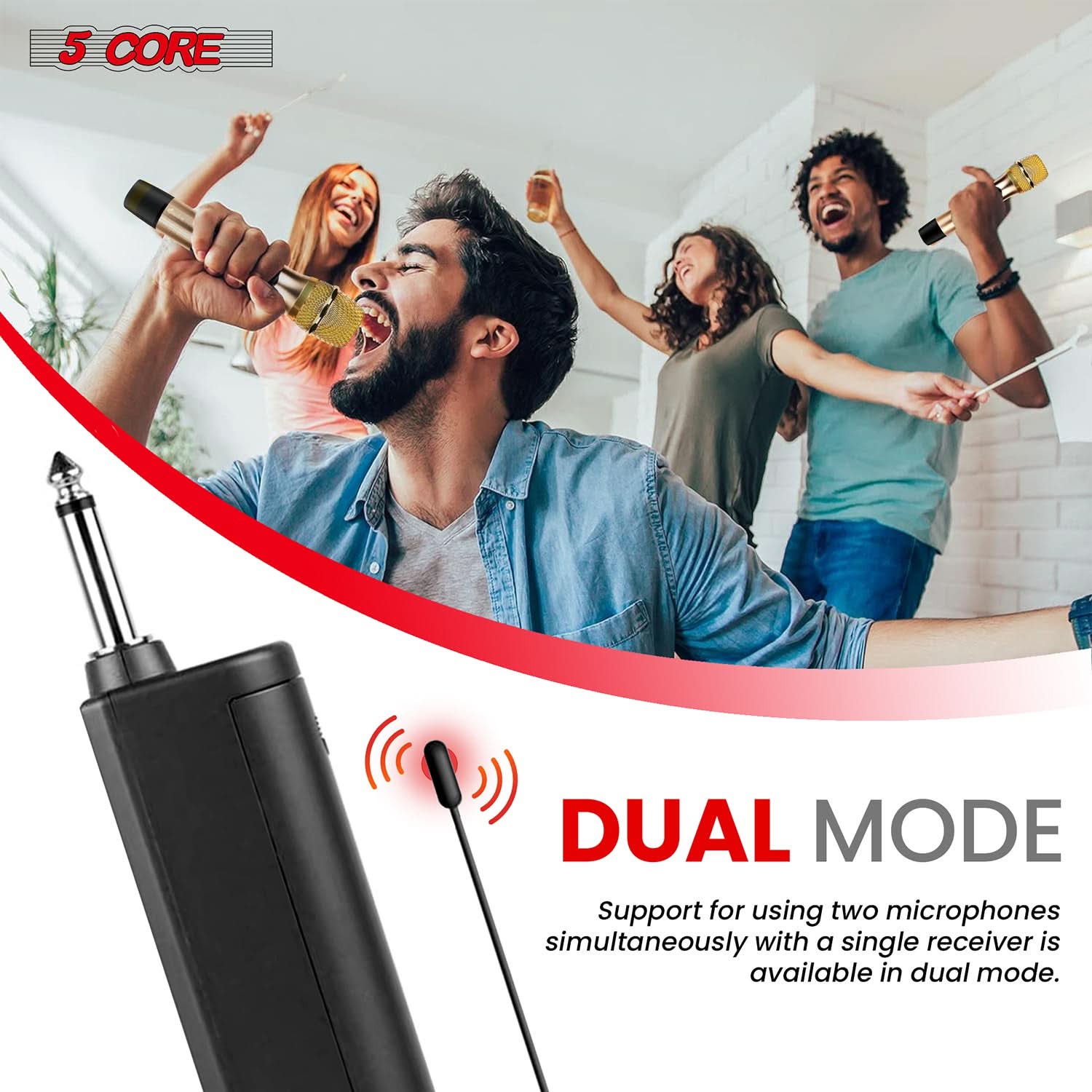 The corrected text is:

"5 CORE DUAL MODE: Support for using two microphones simultaneously with a single receiver is available in dual mode."