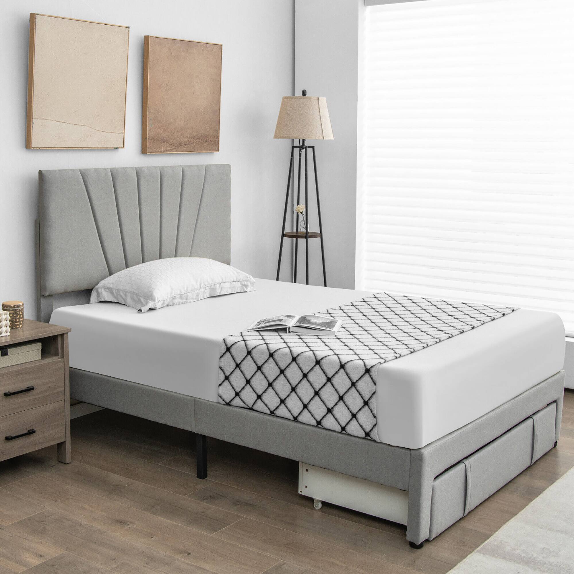 Alt View 3. Gymax - Gymax Full Upholstered Bed Frame Platform Bed with Drawer & Adjustable Headboard Grey - Grey.