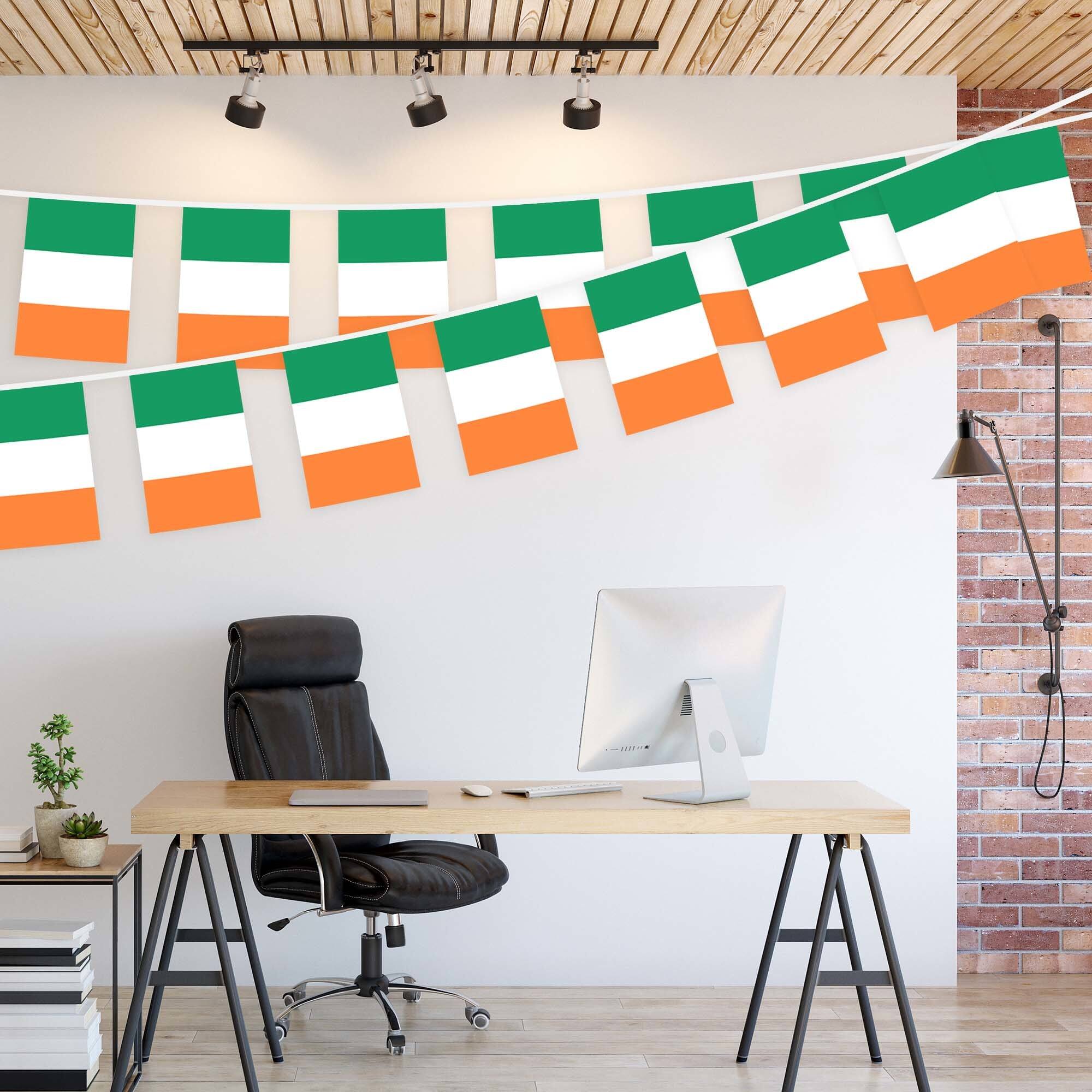 Left. G128 - Ireland Flag Bunting Banner — 33 ft String with 38 Mini Flags (8.2 x 5.5 in, 150D Polyester). - Assorted Colors.