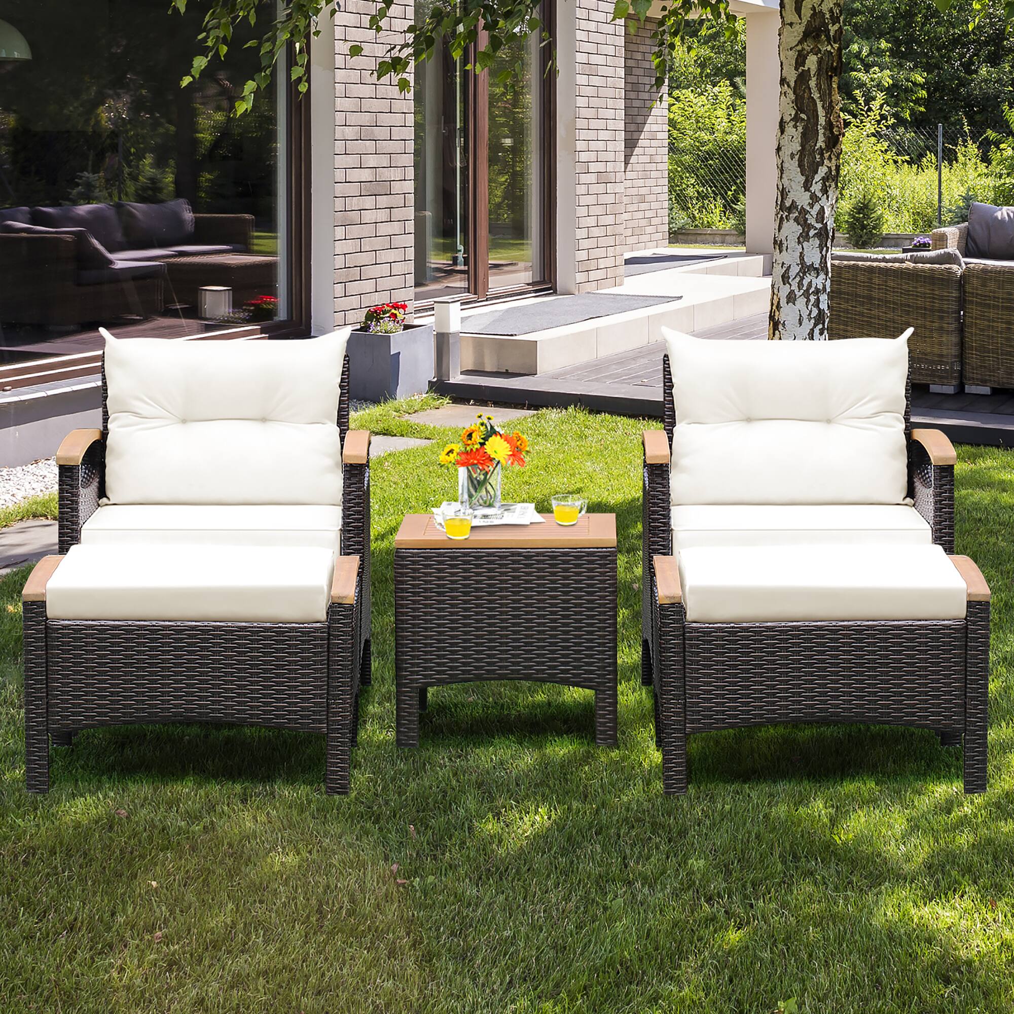 Alt View 4. Costway - Costway 5PCS Patio Rattan Furniture Set Sofa Ottoman Cushioned Table W/Wood Top - Off White.