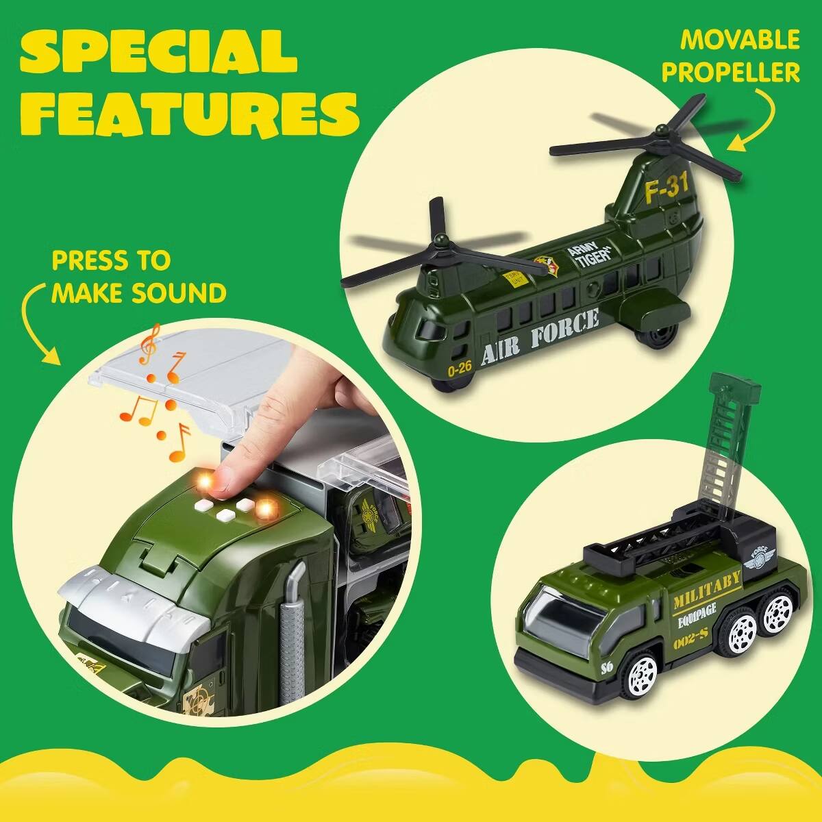 SPECIAL FEATURES  
MOVABLE PROPELLER  
PRESS TO MAKE SOUND  
ARMY TIGER FORCE  
AIR 0-26  
AE 56  
MILITARY EQUIPAGE  
002-5