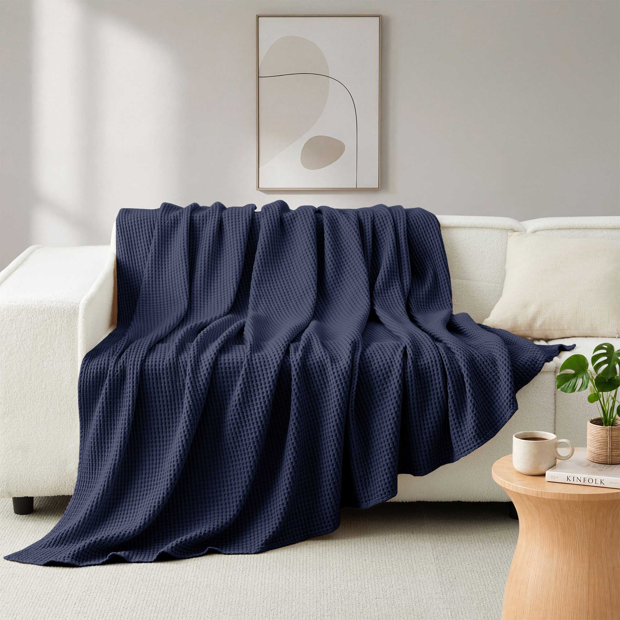 Angle. Peace Nest - Peace Nest 100% Egyptian Cotton Waffle Textured Throw Blanket, Navy, Twin - Navy.