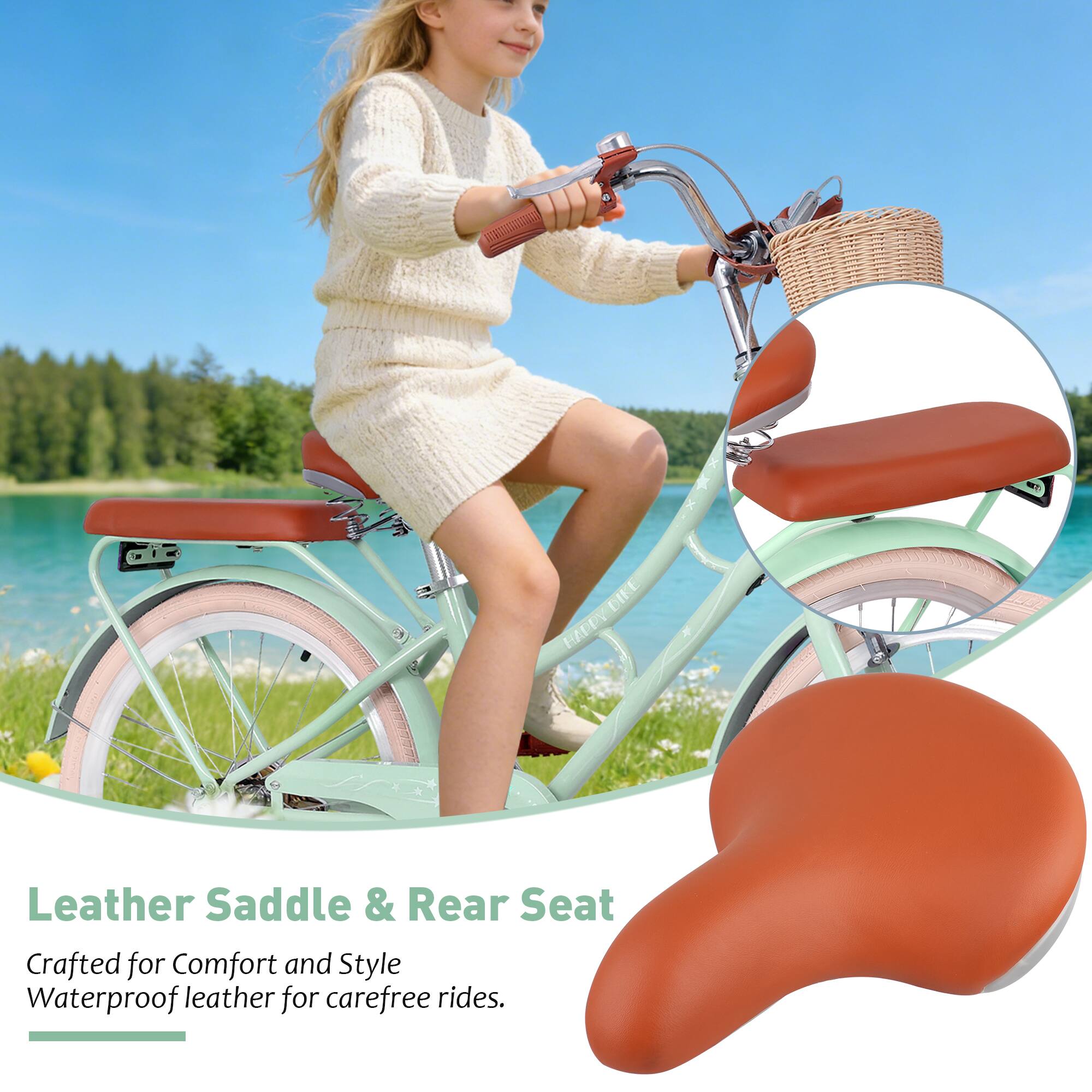 Leather Saddle & Rear Seat  
Crafted for Comfort and Style  
Waterproof leather for carefree rides.