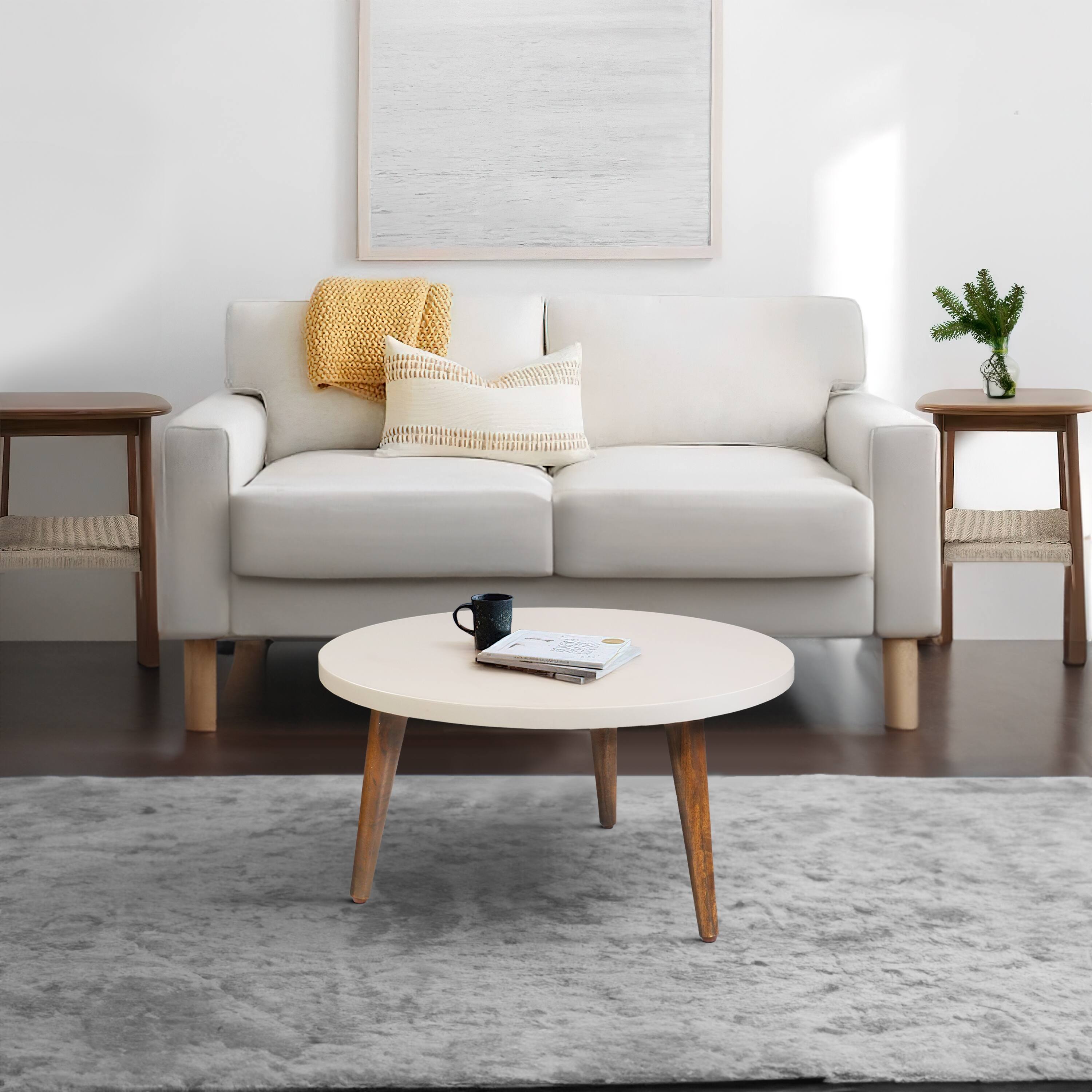 Alt View 9. Manhattan Lane - 24 Inch Modern Coffee Table, Round Off White MDF Top, Mango Wood Legs - Brown, White.