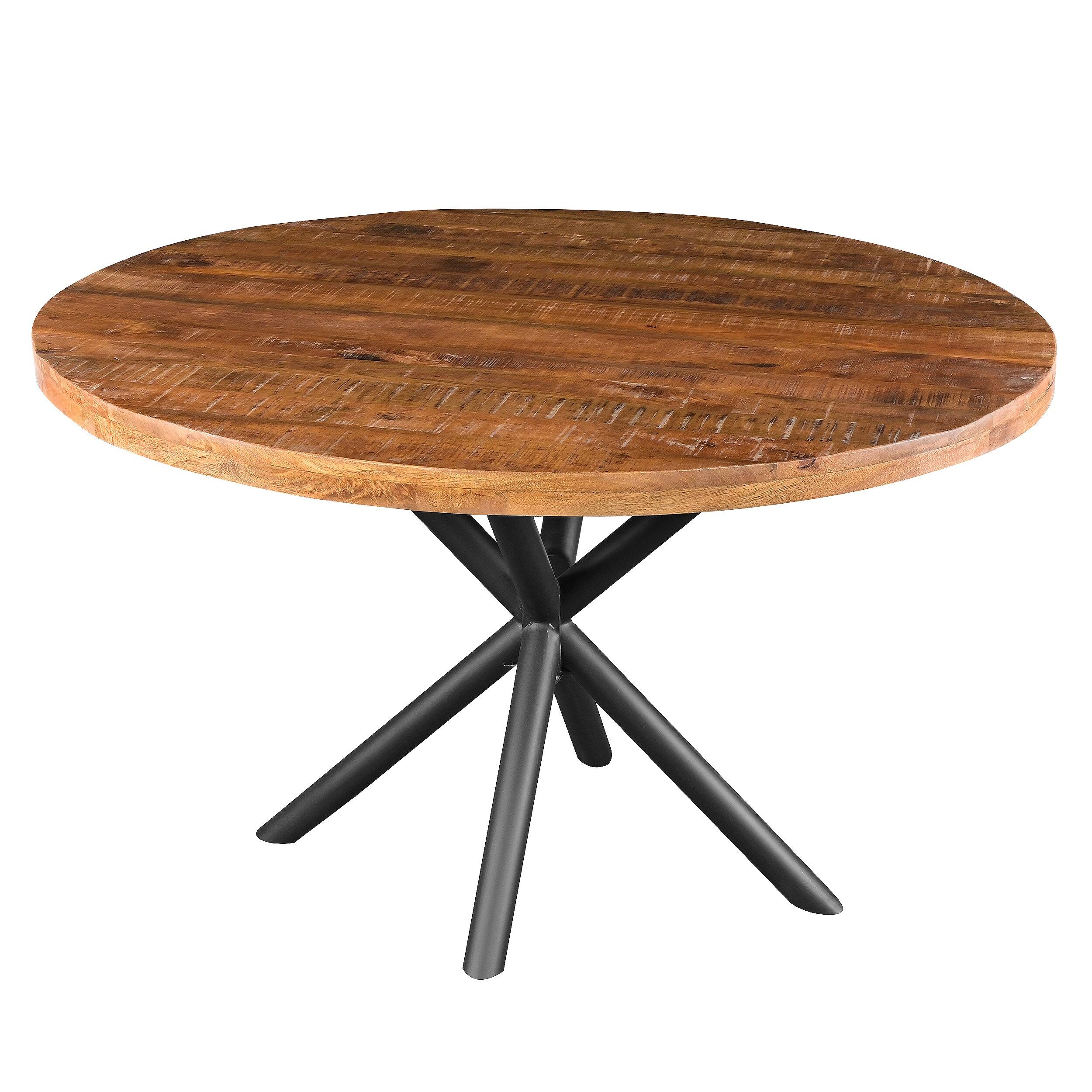 Front. Manhattan Lane - 48 Inch Handcrafted Dining Table, Solid Mango Wood Round Top with Iron Crisscrossed Legs - Brown, Black.