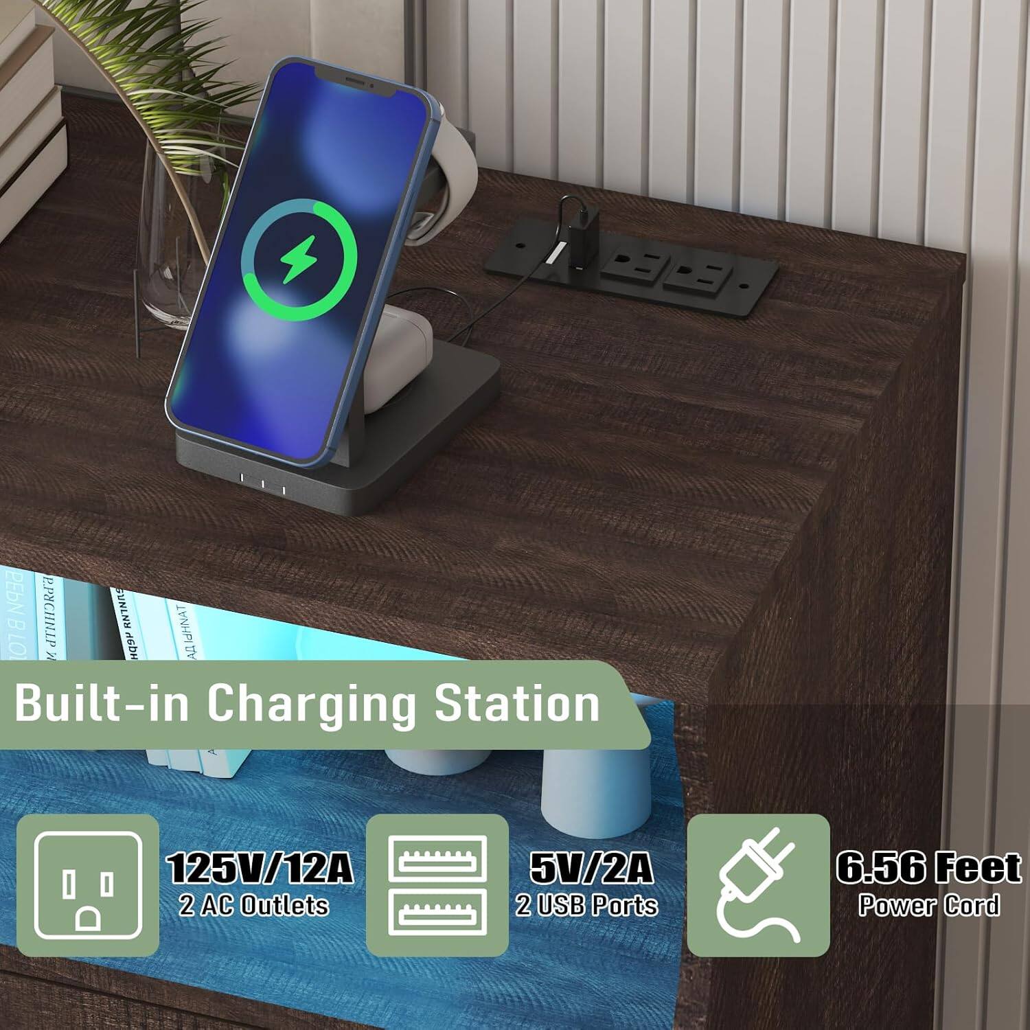Built-in Charging Station

- 125V/12A
- 2 AC Outlets
- 5V/2A
- 2 USB Ports
- 6.56 Feet Power Cord