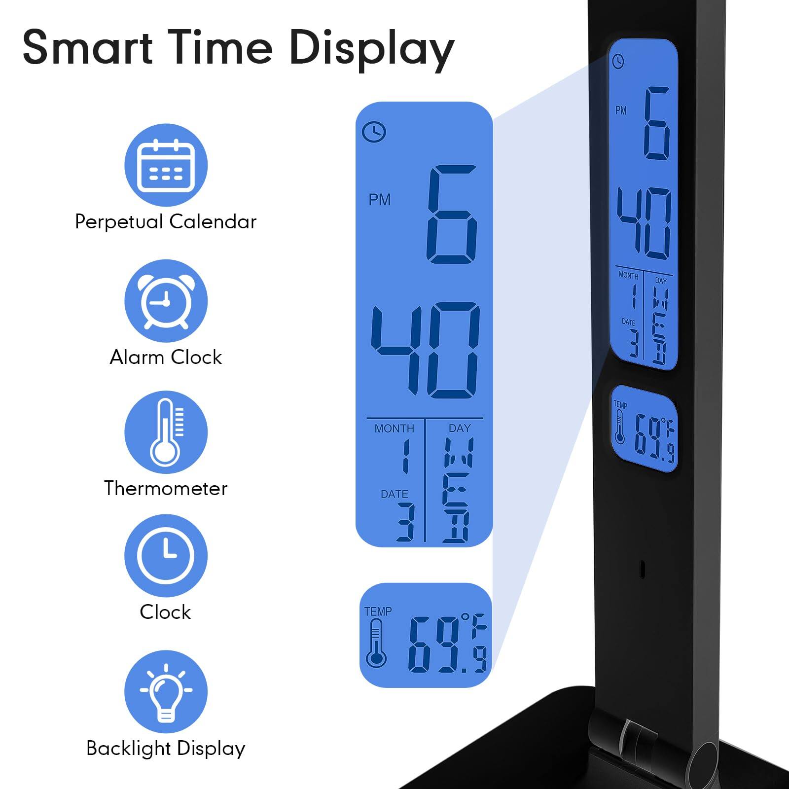 Smart Time Display

- Perpetual Calendar
- Alarm Clock
- Thermometer
- Clock
- Backlight Display

6:40 PM

MONTH DAY DATE
1 16 3

TEMP 69.9°F