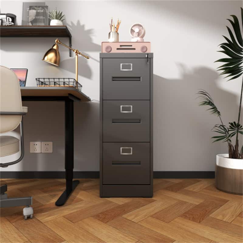 HTUTWOO - 3 Drawer File Cabinet with Lock Metal Vertical File Cabinet – Office Home A4 Size Narrow Cabinet Lock, Assembly Required - Black