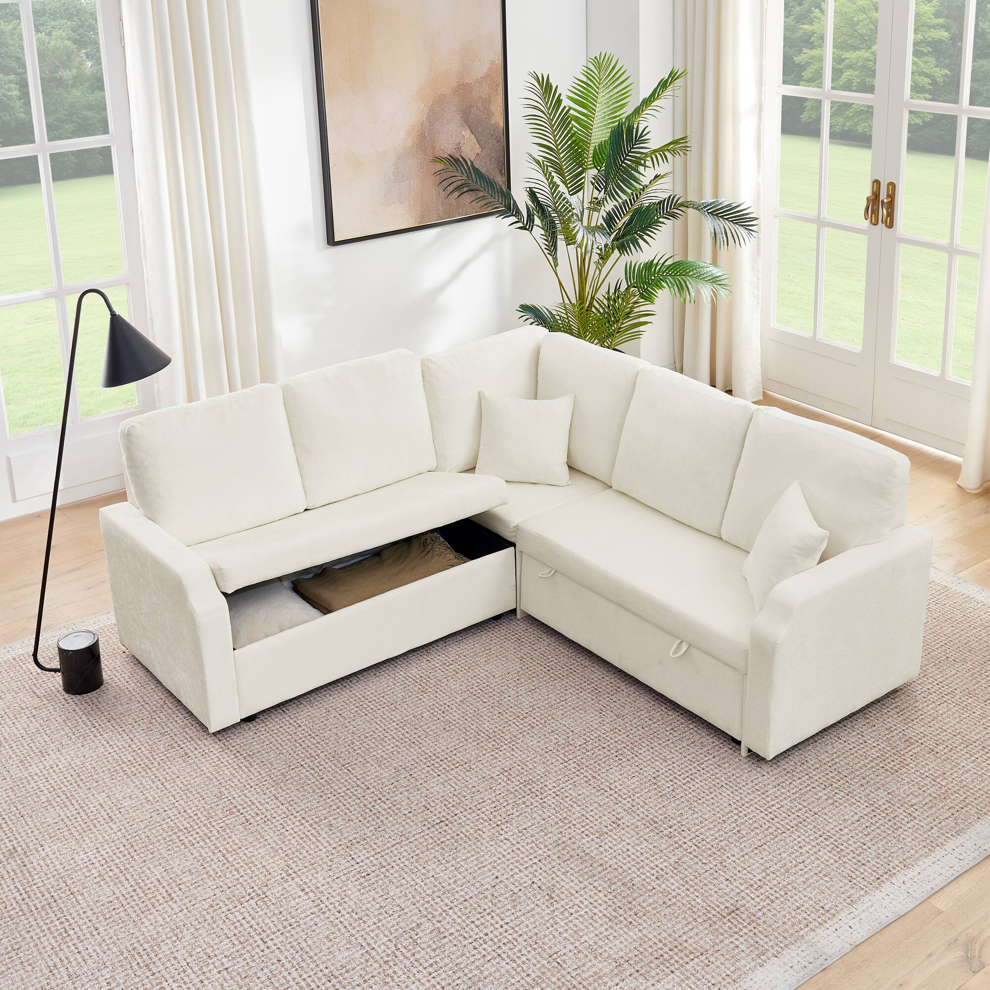 Angle. Anysun - 81.2" Modular Chenille Convertible Sectional Sofa with Pull-Out Bed – 5-Seat L-Shaped Sleeper Couch with Hidden Storage - Beige.