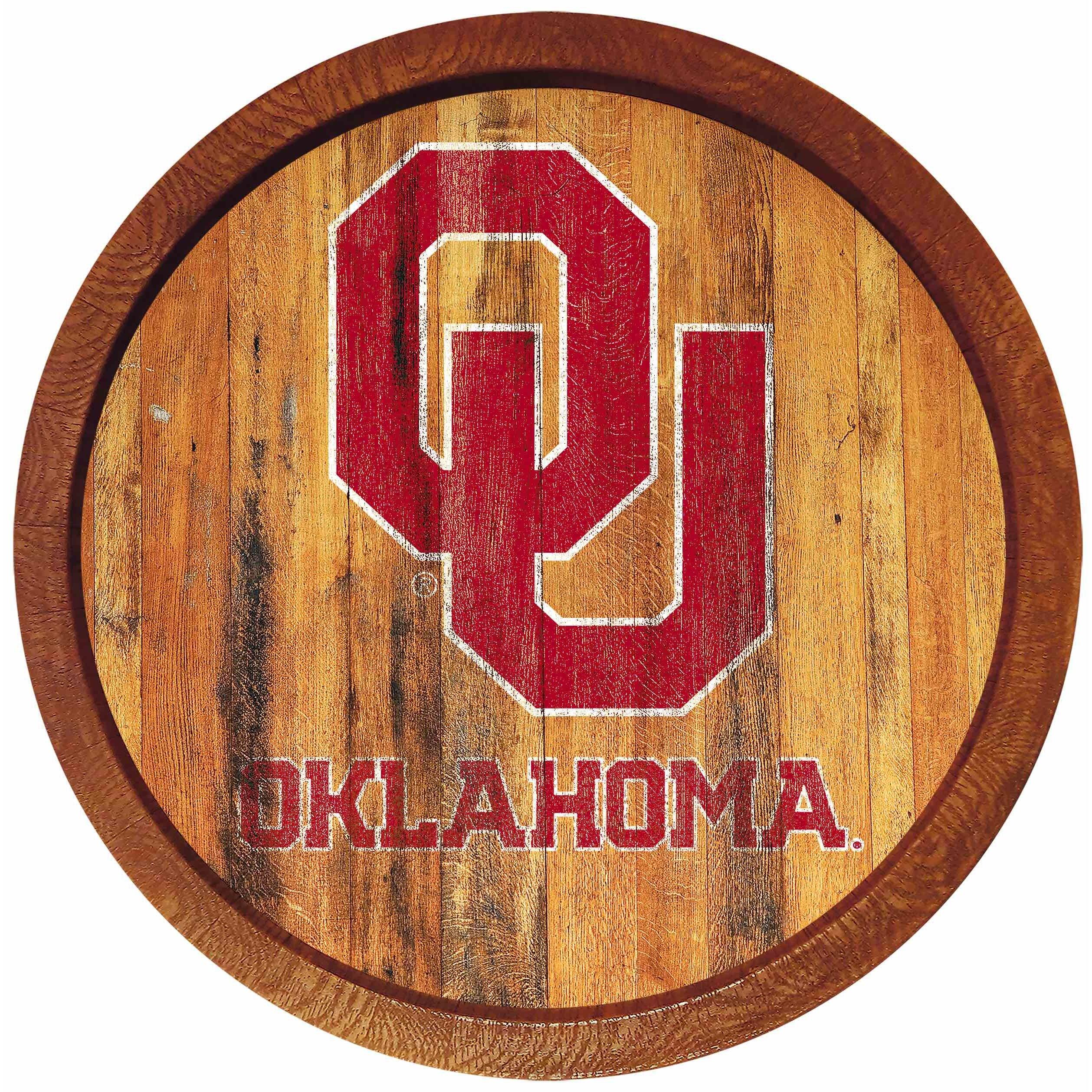Front. The Fan-Brand - Oklahoma Sooners 21'' x 21'' Weathered Faux Barrel Top Sign - Multicolor.