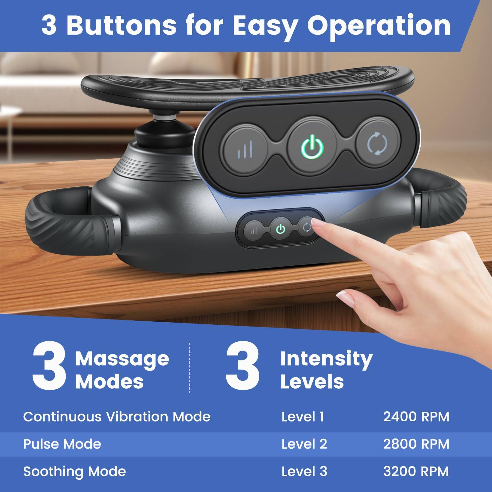 3 Buttons for Easy Operation

3 Massage Modes
- Continuous Vibration Mode
- Pulse Mode
- Soothing Mode

3 Intensity Levels
- Level 1: 2400 RPM
- Level 2: 2800 RPM
- Level 3: 3200 RPM