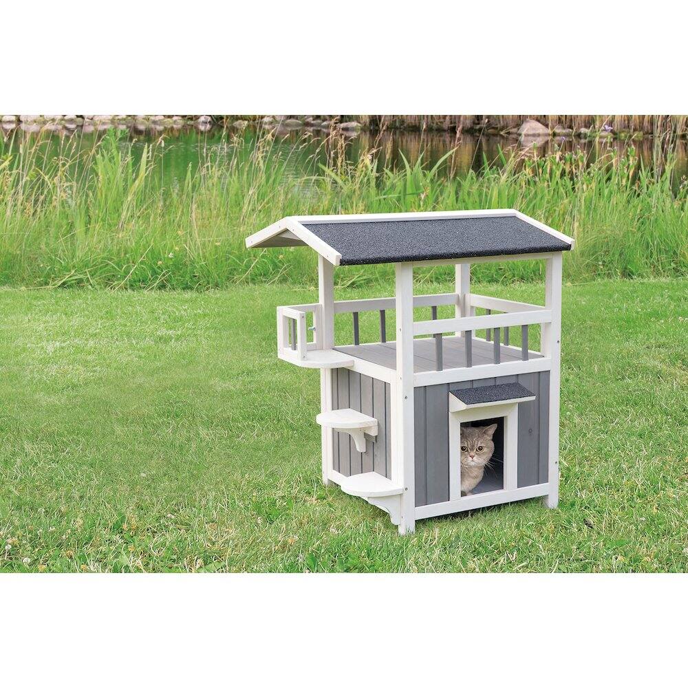 Angle. TRIXIE - Wooden Outdoor or Indoor Cat House with Shaded Balcony for Small Cats, Gray - Gray/White.