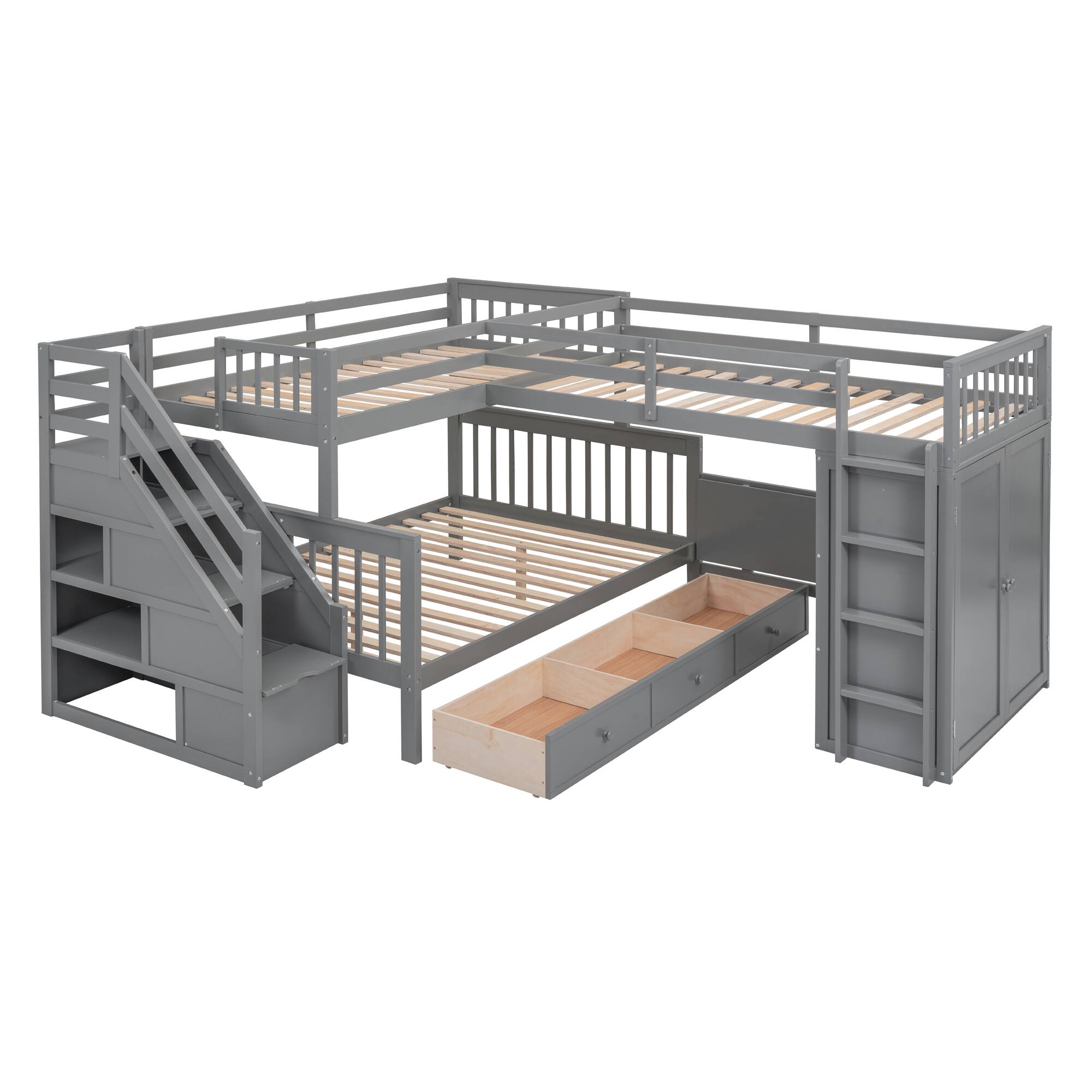 Left. Tiramisubest - Twin-Twin Full L-Shaped Bunk Bed with 3 Drawers, Desk & Wardrobe, Gray - Gray.