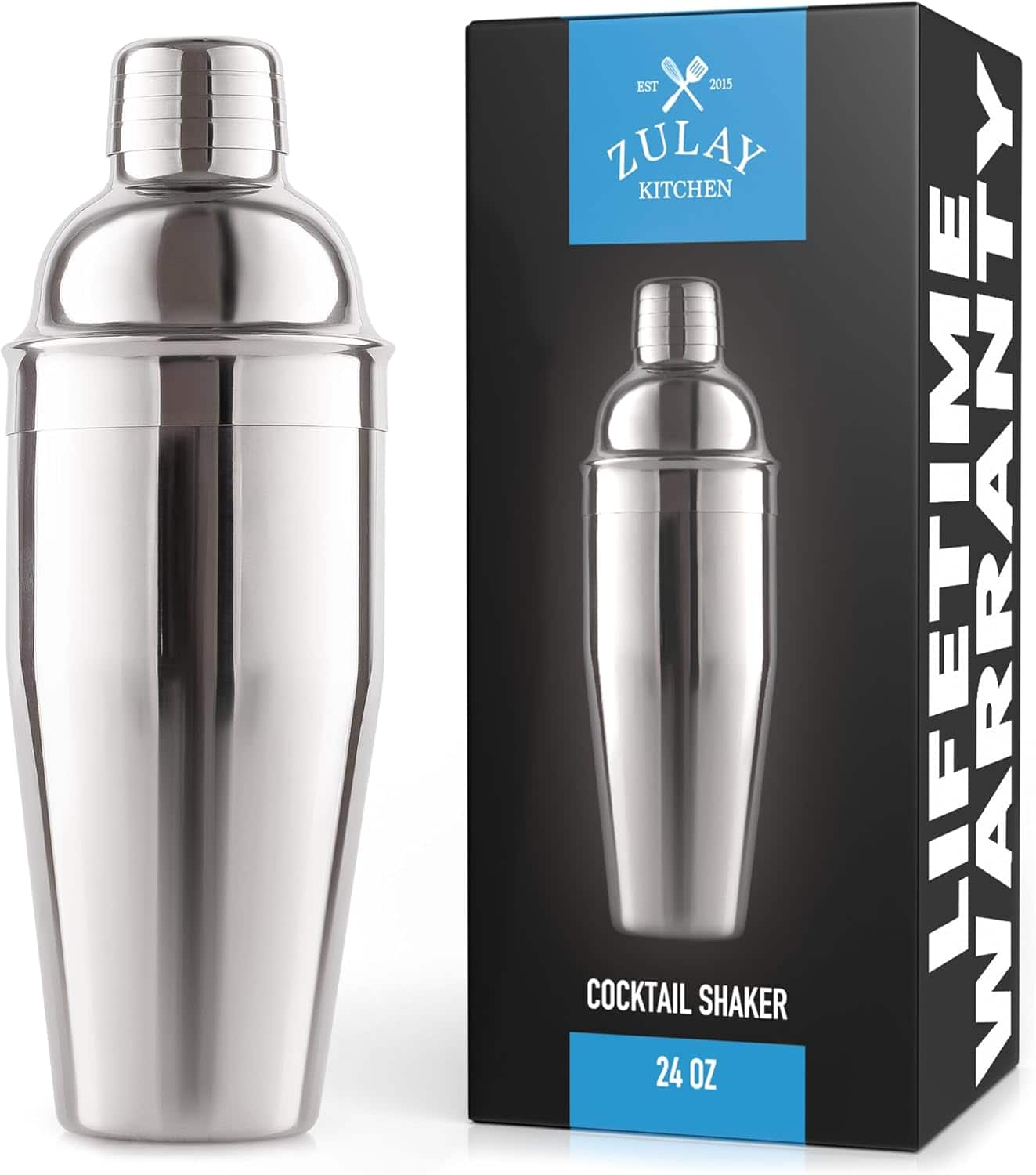 Zulay Kitchen - Cocktail Shaker 24oz Stainless Steel Martini Shaker With Built-In Strainer - Silver
