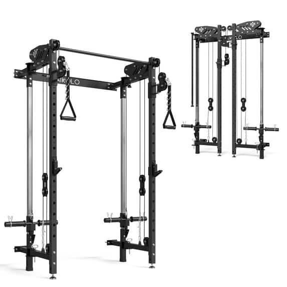 Mikolo - Foldable Power Rack Cage,1000lbs Capacity Wall Mounted Squat Rack with independent pulley system - Black