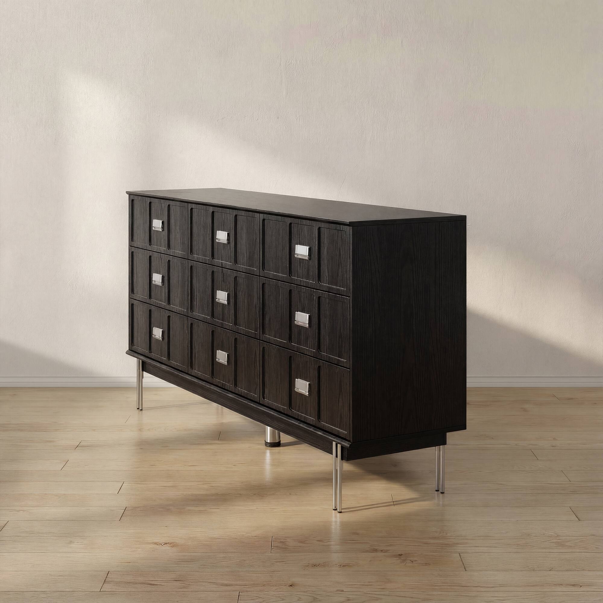 Alt View 8. FUFU & GAGA - Vintage Card Catalog 9 Drawer Dresser - Industrial Storage Cabinet with Silver Metal Handles for Bedroom, Living Room - Black.