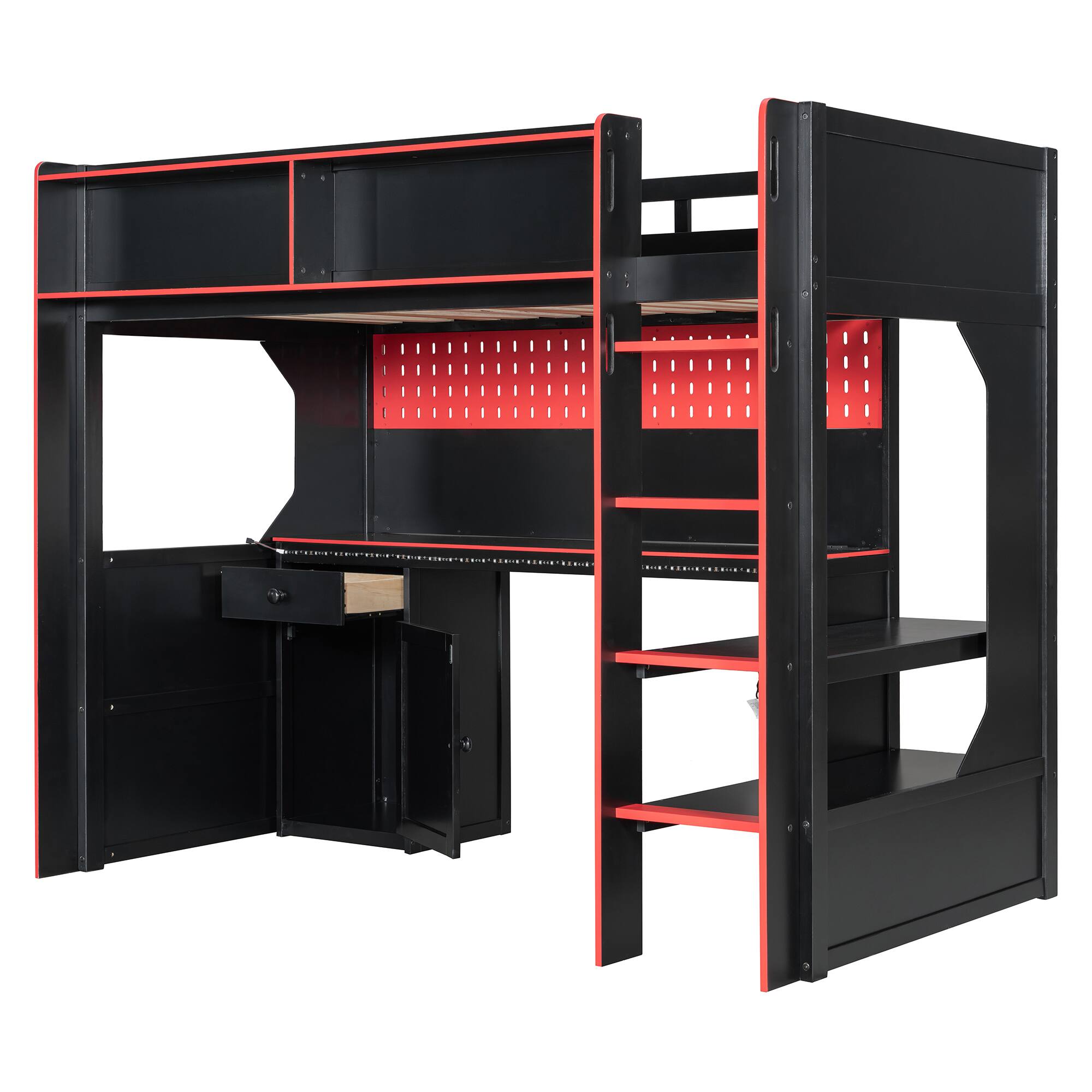 Alt View 5. Whisen - Gaming Loft Bed with Desk, RGB LED Lights, Charging Station & Storage, Sturdy Wood Frame - Black|Red.