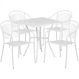 Emma + Oliver - Commercial Grade 28" Square Metal Garden Patio Table Set w/ 4 Round Back Chairs - White