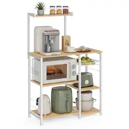 Songmics Home - Baker's Rack, Microwave Stand with Wire Basket, 6 Hooks, and Shelves, for Spices, Pots, and Pans - Golden Oak and Cloud White