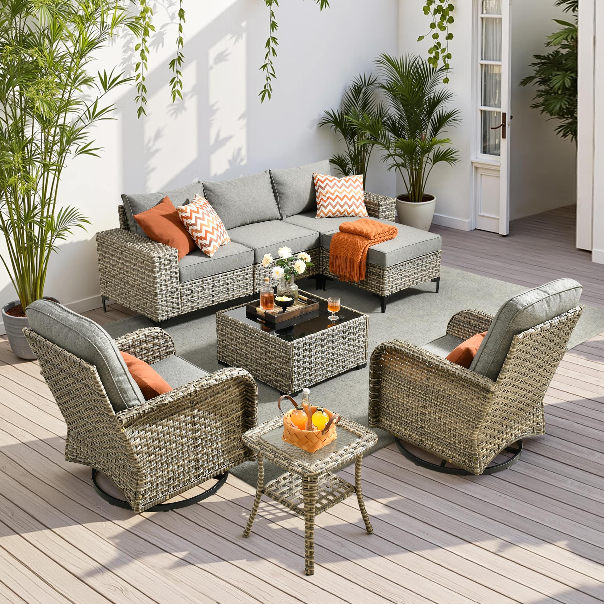 Ovios - 8 PCS Patio Wicker Furniture, Sectional Sofa Set with Coffee Table & Swivel Chairs for Garden - Dark Gray