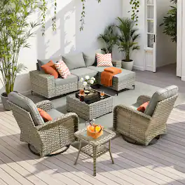 Ovios - 8 PCS Patio Wicker Furniture, Sectional Sofa Set with Coffee Table & Swivel Chairs for Garden - Dark Gray