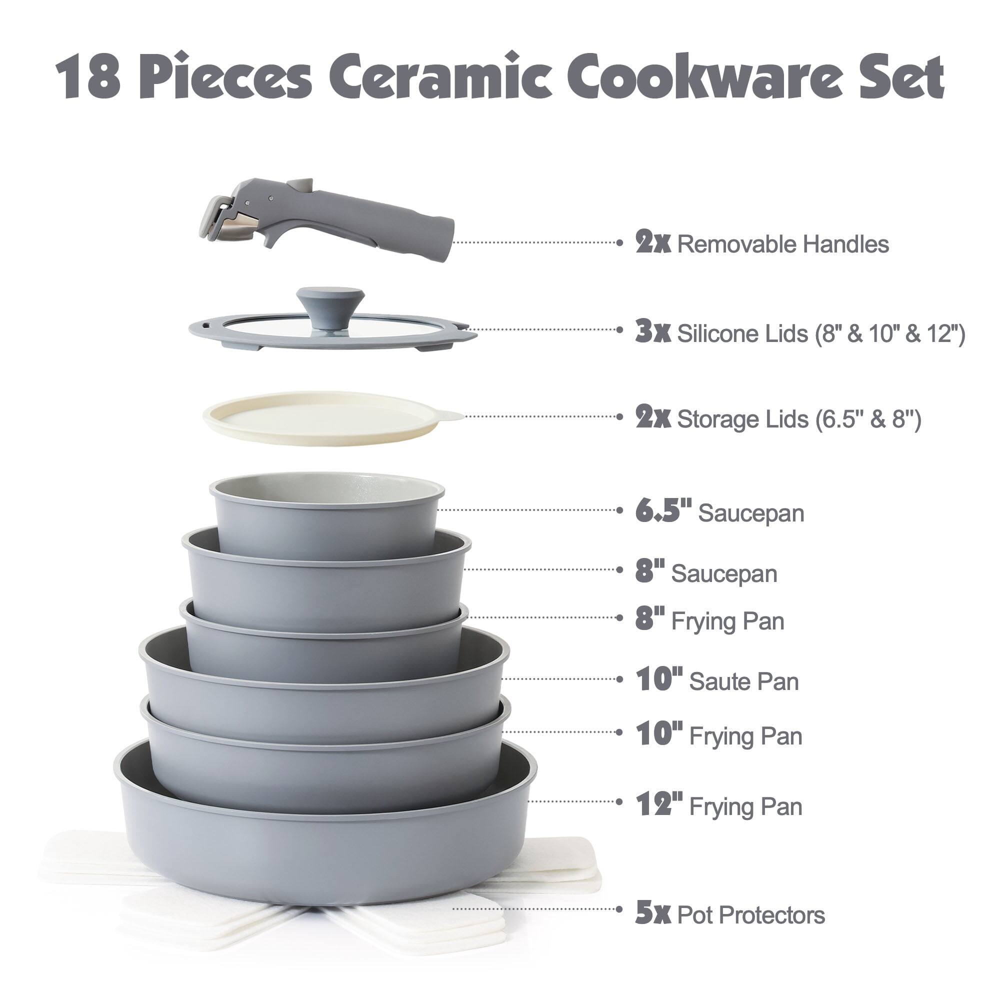 18 Pieces Ceramic Cookware Set

- 2x Removable Handles
- 3x Silicone Lids (8" & 10" & 12")
- 2x Storage Lids (6.5" & 8")
- 6.5" Saucepan
- 8" Saucepan
- 8" Frying Pan
- 10" Saute Pan
- 10" Frying Pan
- 12" Frying Pan
- 5x Pot Protectors