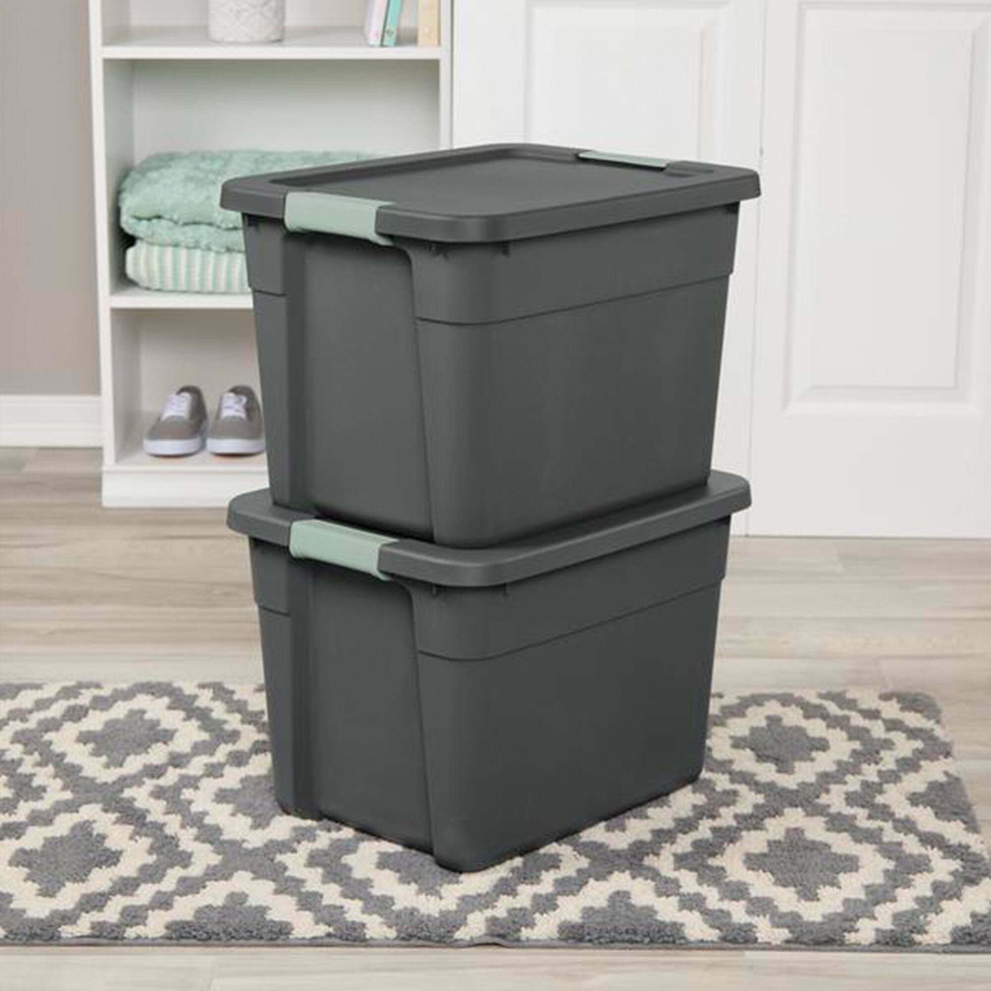 Alt View 5. Sterilite - Sterilite 12Pk Latch Tote, Stackable Plastic Storage Container, 12Gal,Gray/Green - FLAT GRAY W/ GRN RIVER LATCHES.