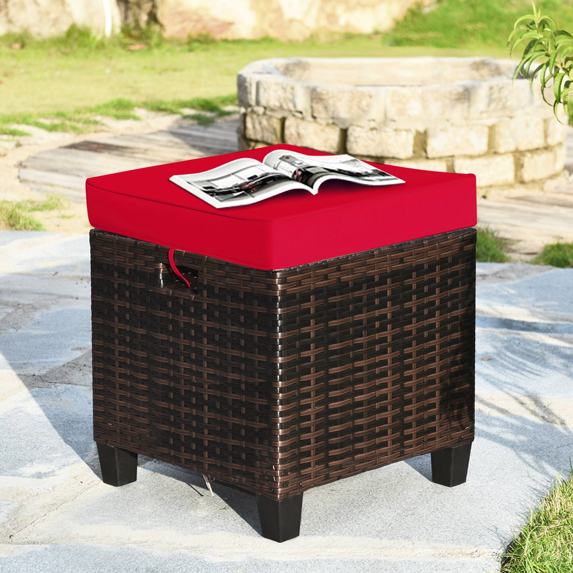 Alt View 3. Gymax - Gymax Set of 2 Patio Rattan Ottoman Footrest Garden Outdoor w/ Red Cushion - Red.