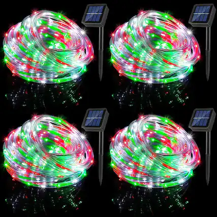 Front. RTMB - 33-foot, 100-LED, 8-mode Solar Rope Lights (Red, Green, White, 4-Pack) - Red, Green, White.