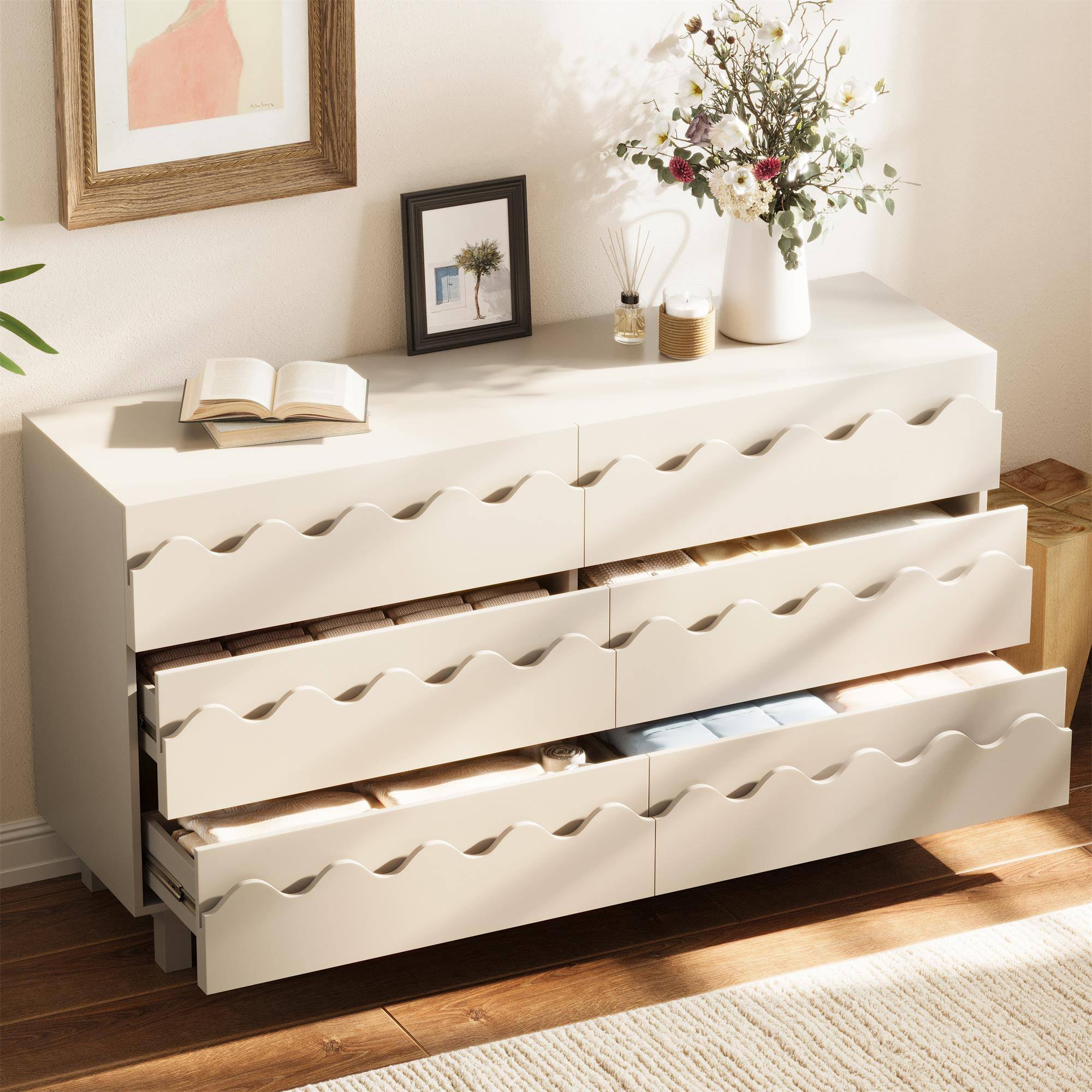 Alt View 3. Boyel Living - Ivory Modern 6 Drawer Dresser 60-in L x 18-in W x 33-in H Chest of Drawers with Solid Wood Legs for Bedroom Living Room - Ivory.