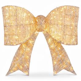 Costway - 1 PCS 30" Christmas Lighted Bow Decoration,120 Pre-Lit Warm White LED Lights for Porch - Golden