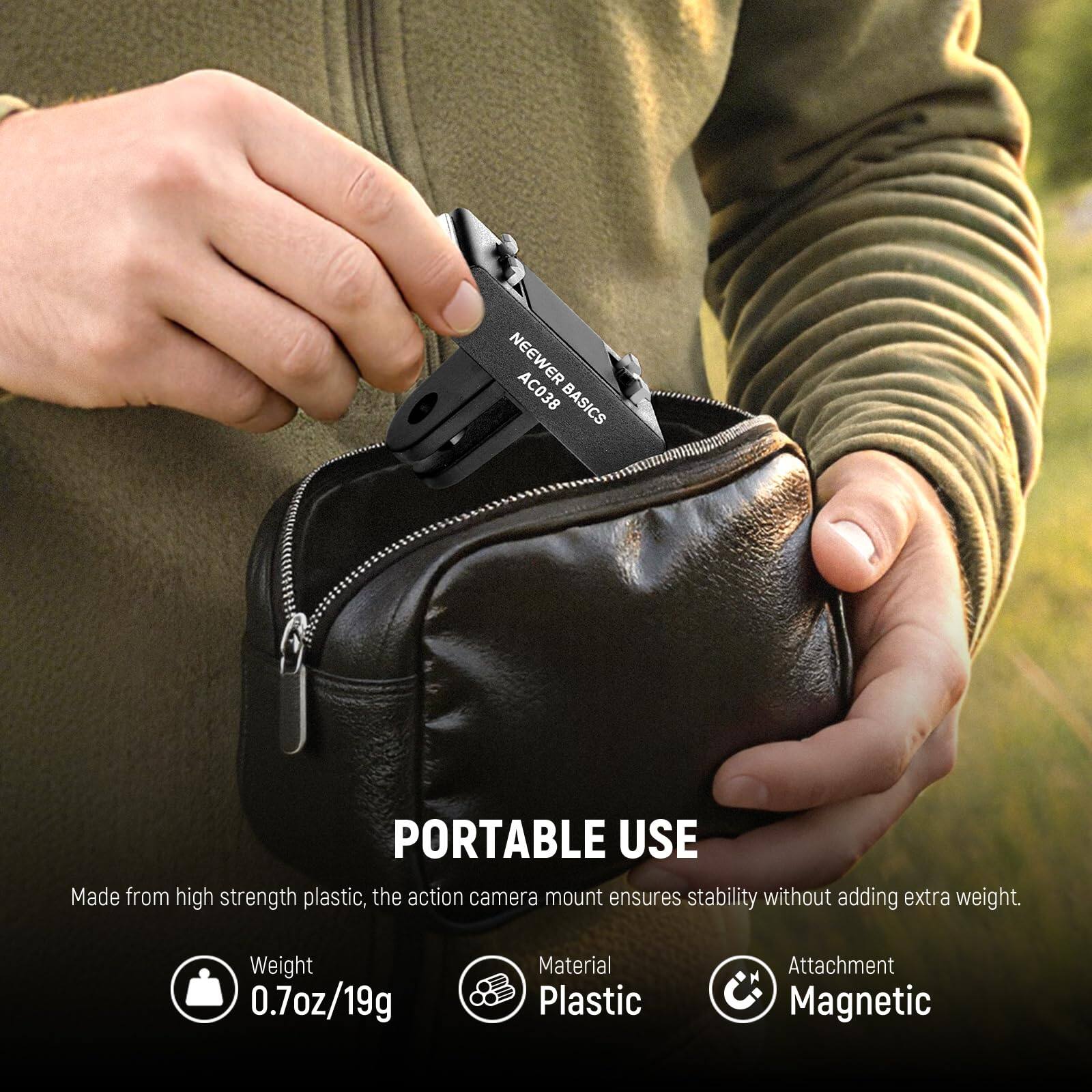 NEEWER AC038 BASICS PORTABLE USE

Made from high strength plastic, the action camera mount ensures stability without adding extra weight.

Weight: 0.7oz/19g  
Material: Plastic  
Attachment: Magnetic