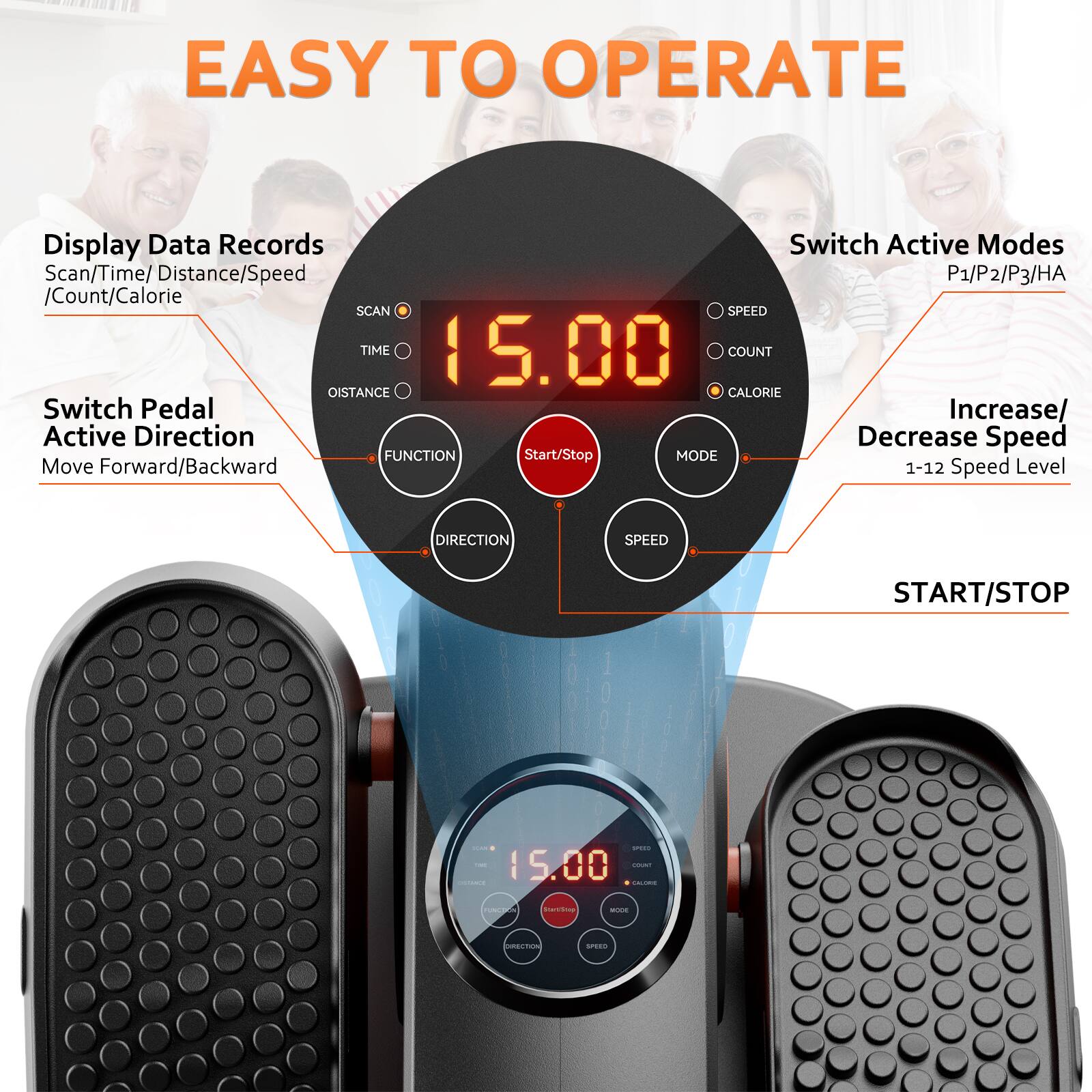 EASY TO OPERATE

- Display Data Records
  - Scan/Time/Distance/Speed/Count/Calorie

- Switch Pedal Active Direction
  - Move Forward/Backward

- Switch Active Modes
  - P1/P2/P3/HA

- Increase/Decrease Speed
  - 1-12 Speed Level

- START/STOP

- SCAN
- TIME
- OISTANCE
- SPEED
- COUNT
- CALORIE

- FUNCTION
- MODE
- DIRECTION
- SPEED

- 15.00
- 15.00
