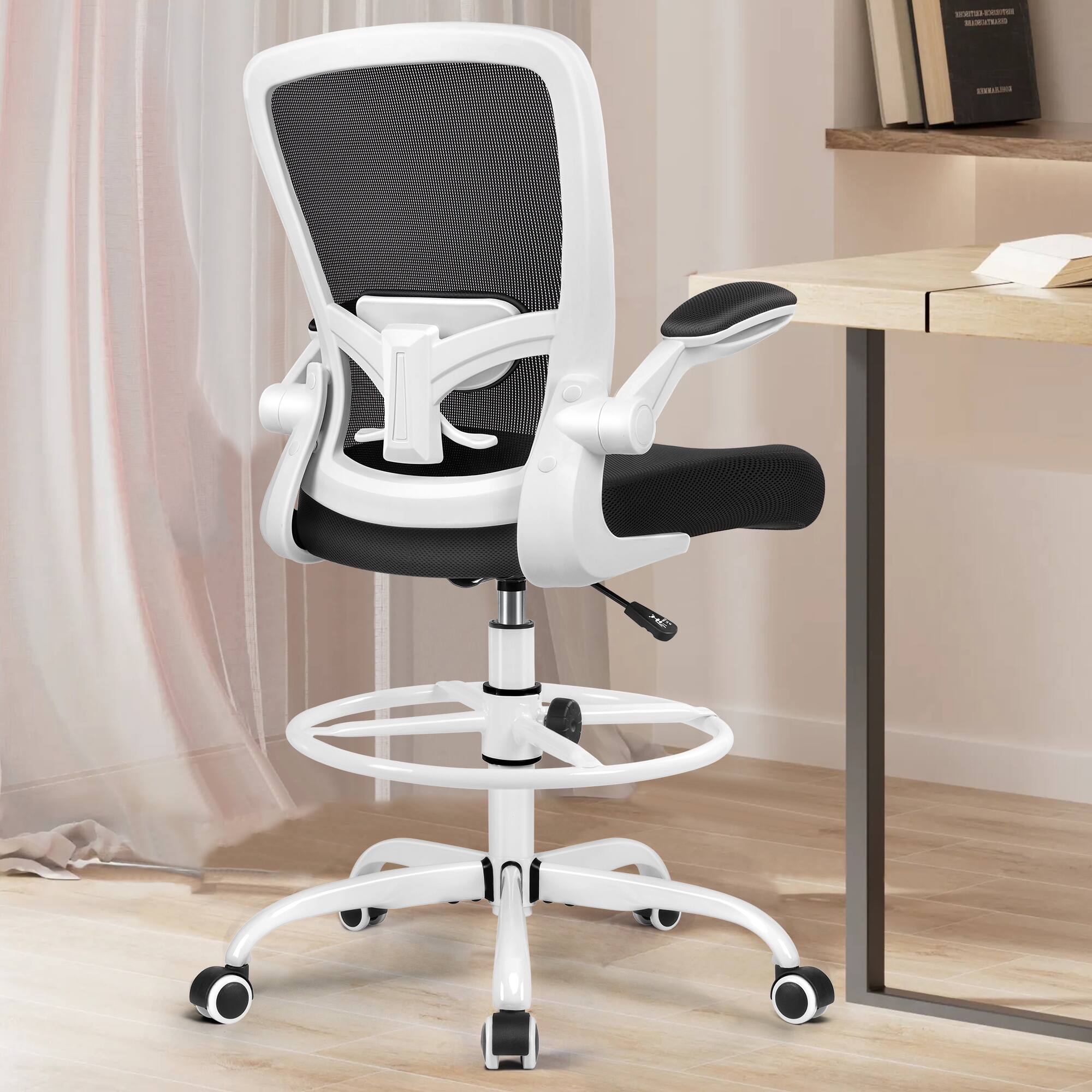KERDOM - High Back Drafting Chair Ergonomic Tall Office Chair With Lumbar Support Breathable Mesh Painting Chair, Flip-up Armrest - White