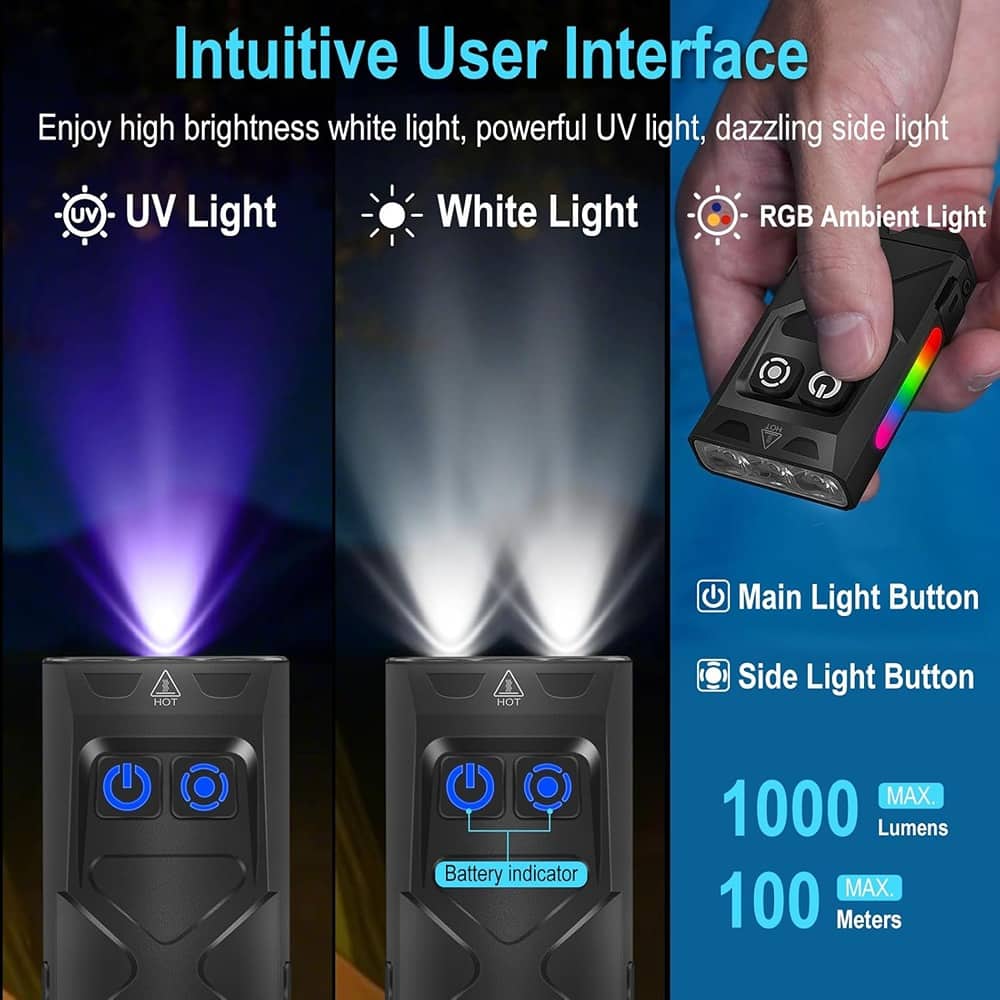 Schertz - USB-C Rechargeable Mini LED EDC Flashlight, 1000 Lumens with UV & RGB Side Light, IP65 Waterproof, Clip & Magnet