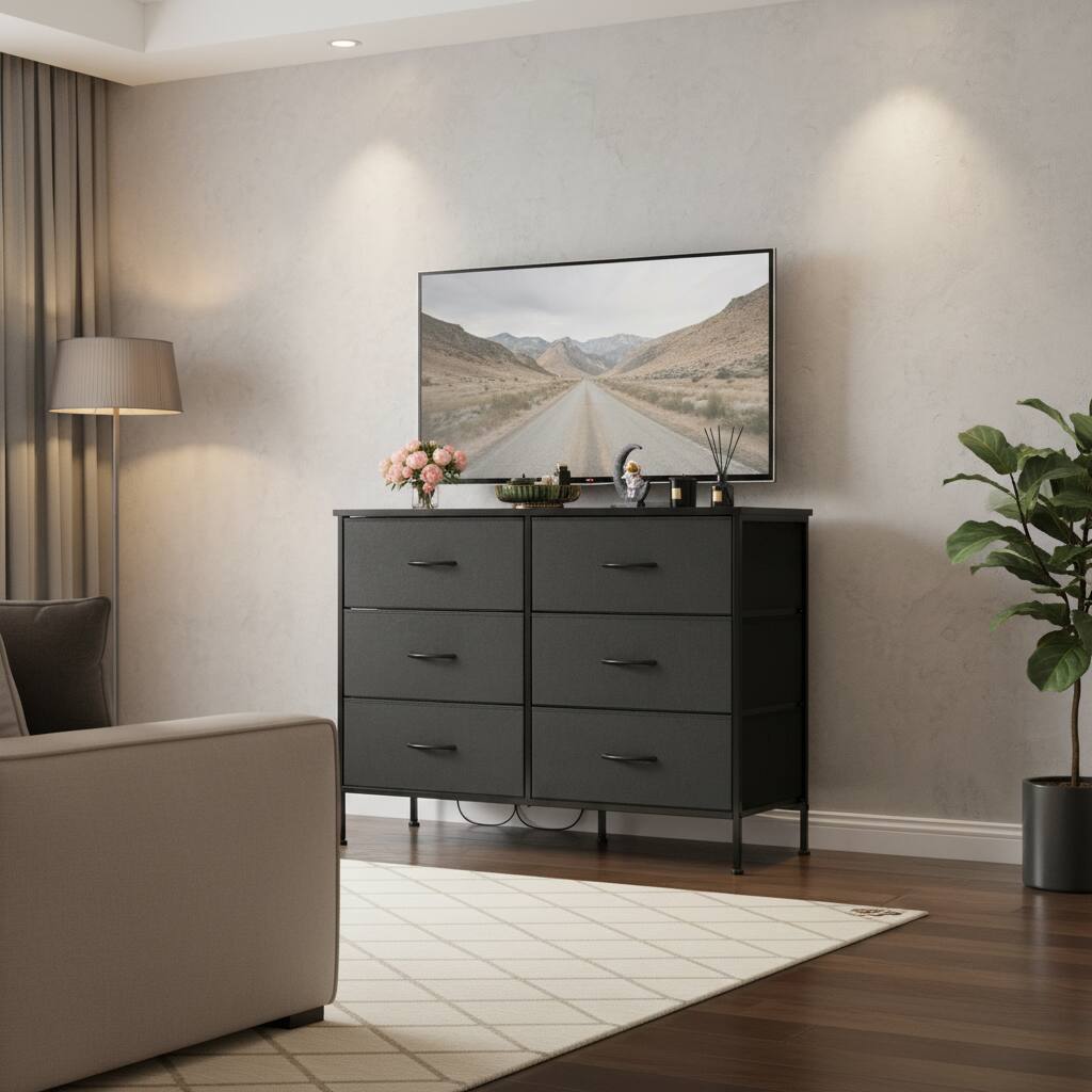 Alt View 5. AOITUN - 6 Drawer Dresser for Bedroom, Wide TV Stand for 50 Inch TV, Fabric Storage Chest with Wood Top, Metal Frame, Black - Black.