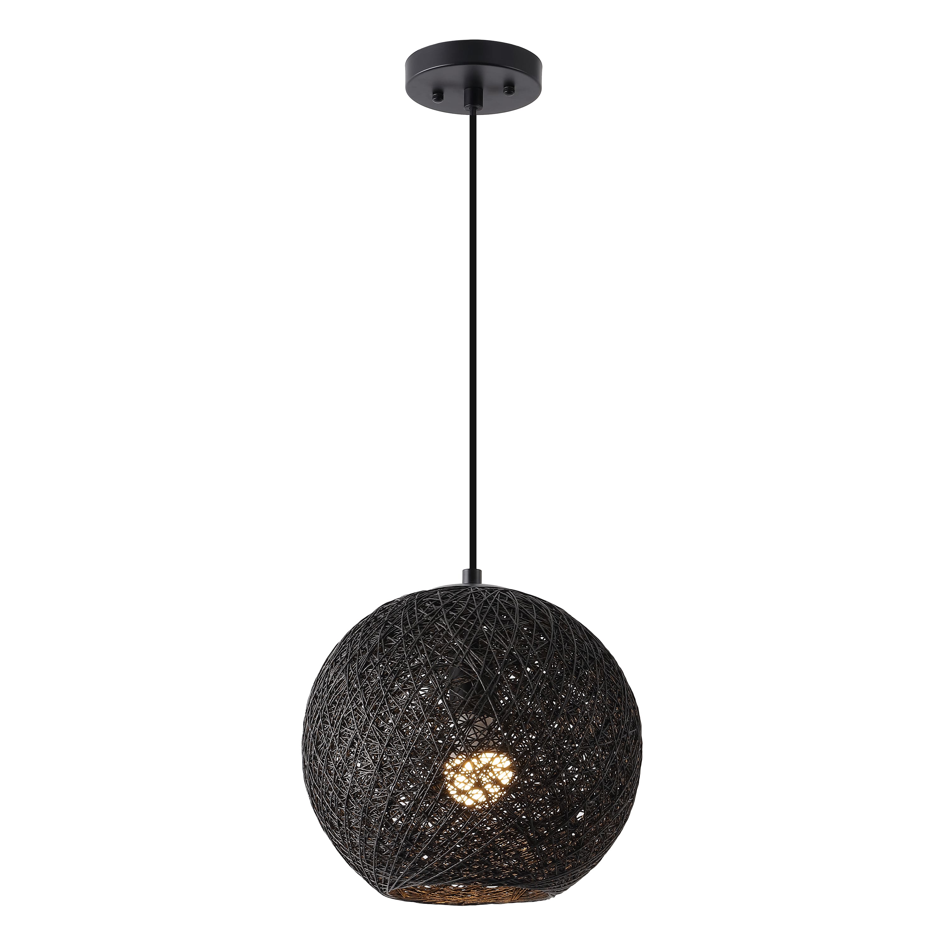 Jonathan Y - Lacey 12 in. 1-Light Modern Bohemian Woven Paper Rope Round Globe LED Pendant - Black