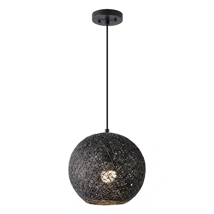 Front. Jonathan Y - Lacey 12 in. 1-Light Modern Bohemian Woven Paper Rope Round Globe LED Pendant, Black - Black.
