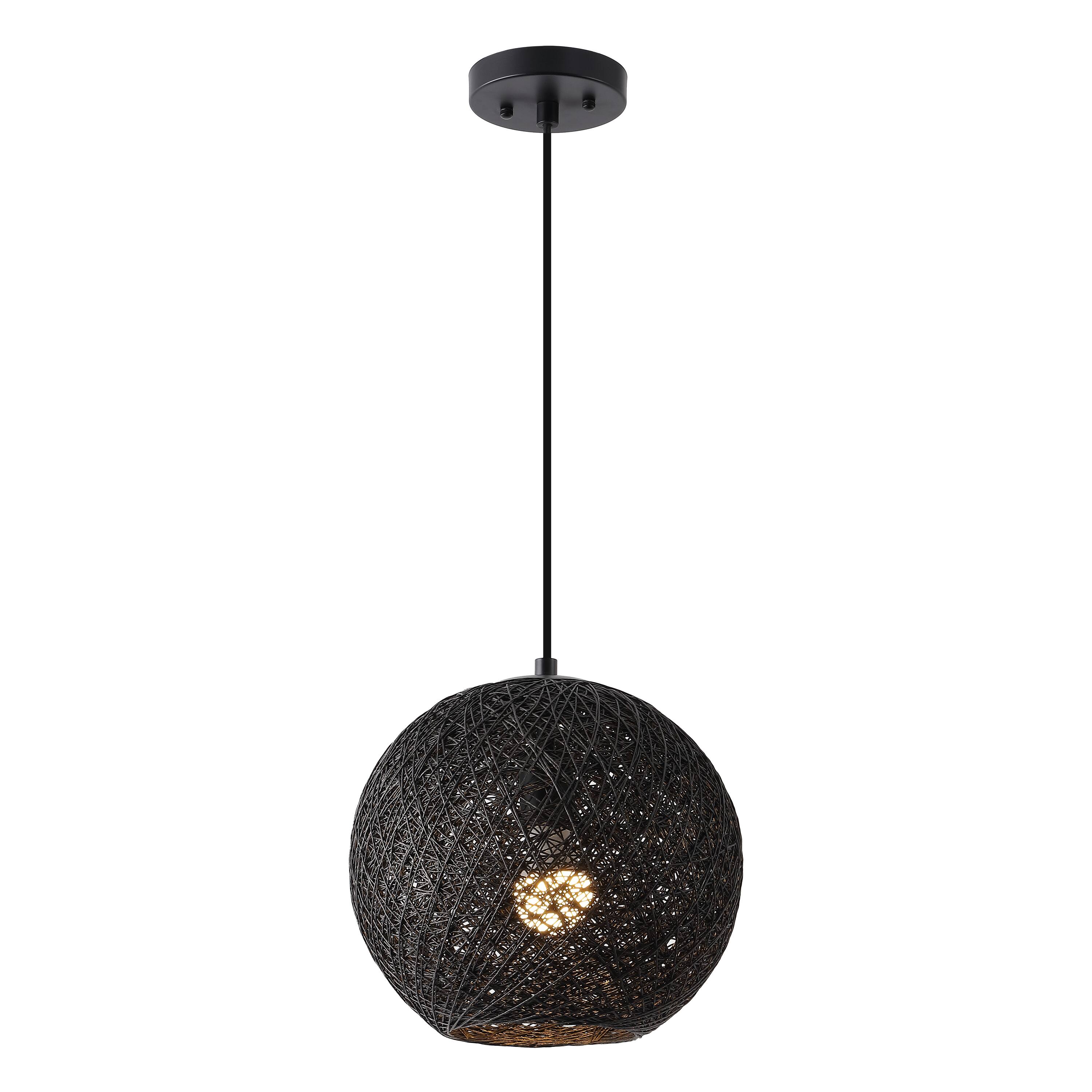 Front. Jonathan Y - Lacey 12 in. 1-Light Modern Bohemian Woven Paper Rope Round Globe LED Pendant, Black - Black.