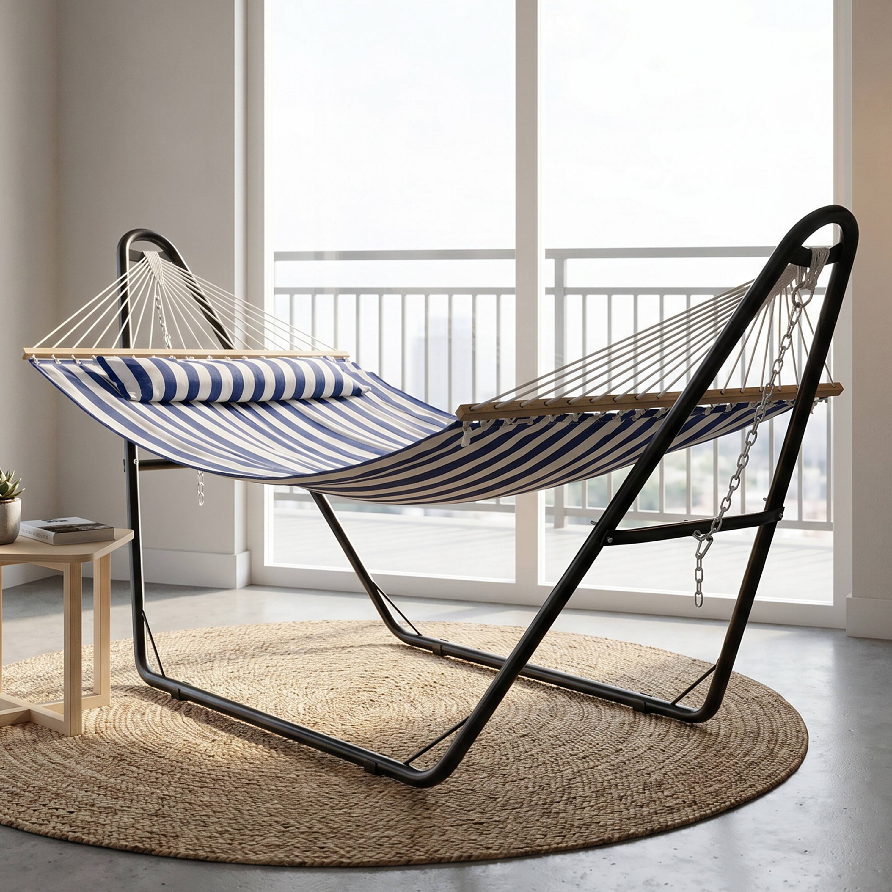 Alt View 10. Sunnydaze - Large Quilted Hammock with Universal Steel Stand - Blue/White Stripe.