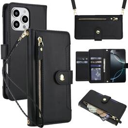 Dteck - Crossbody Zipper Wallet Case for Apple iPhone 16 Pro,Faux Leather Magnetic Closure Flip Credit Card Holder Cover - Black