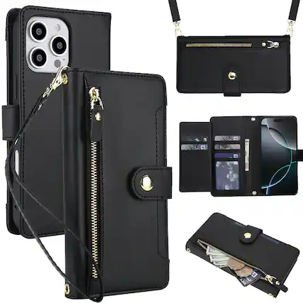 Front. Dteck - Crossbody Zipper Wallet Case for Apple iPhone 16 Pro,Faux Leather Magnetic Closure Flip Credit Card Holder Cover - Black.