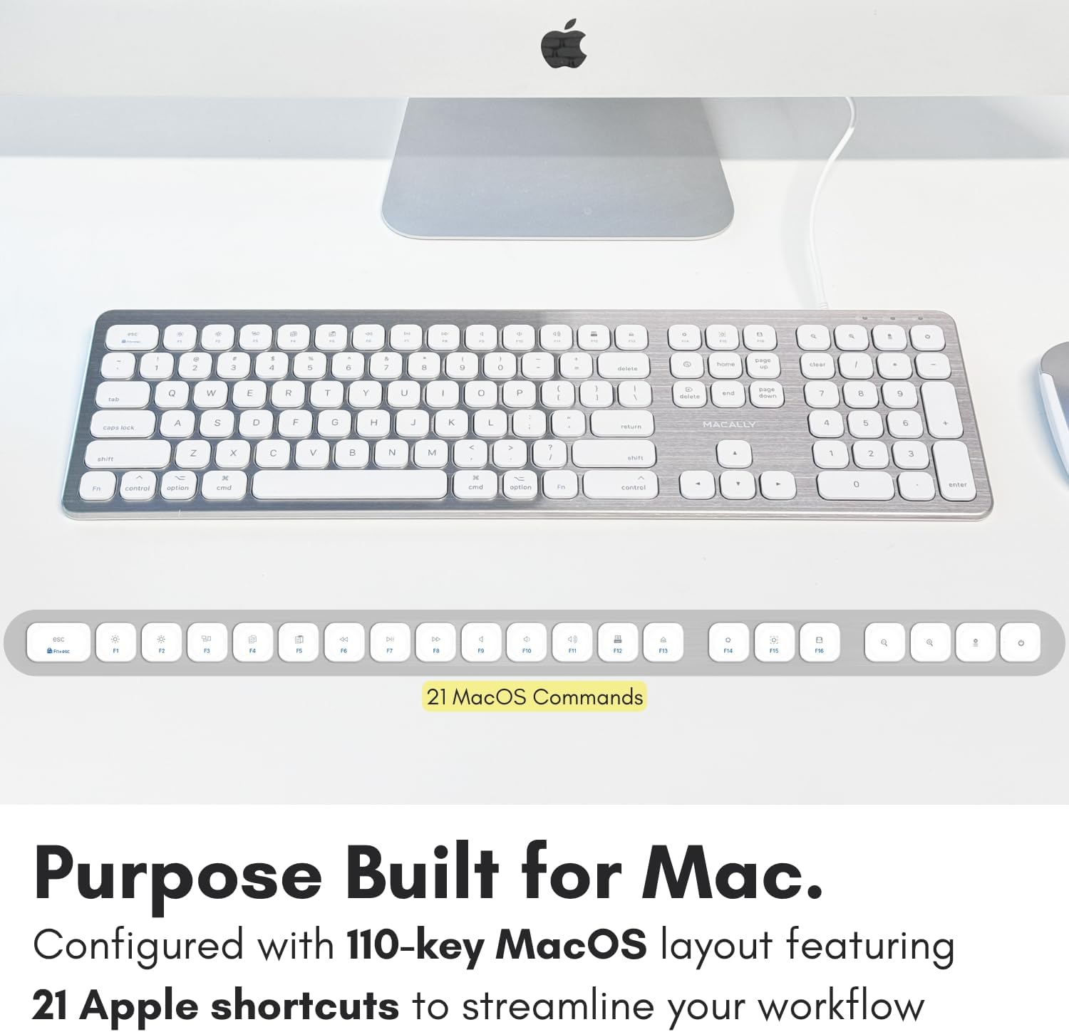 The text in the image reads:

"21 MacOS Commands
A keyboard purpose built for Mac.
Configured with 110-key MacOS layout featuring 21 Apple shortcuts to streamline your workflow."